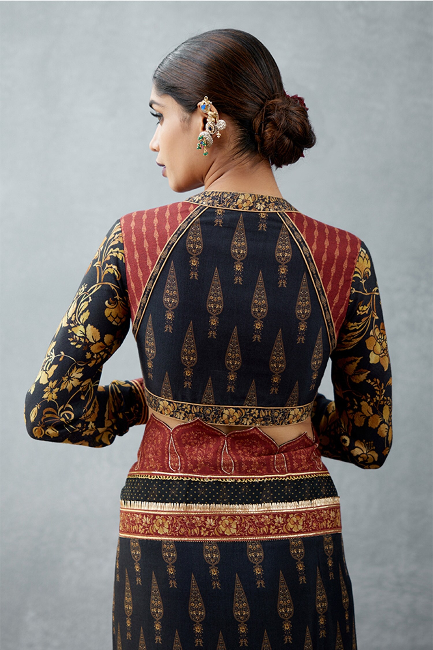 Torani - Black Slub Silk Embroidered Gota Work Plunge Gulghast Yasmin  Blouse For Women