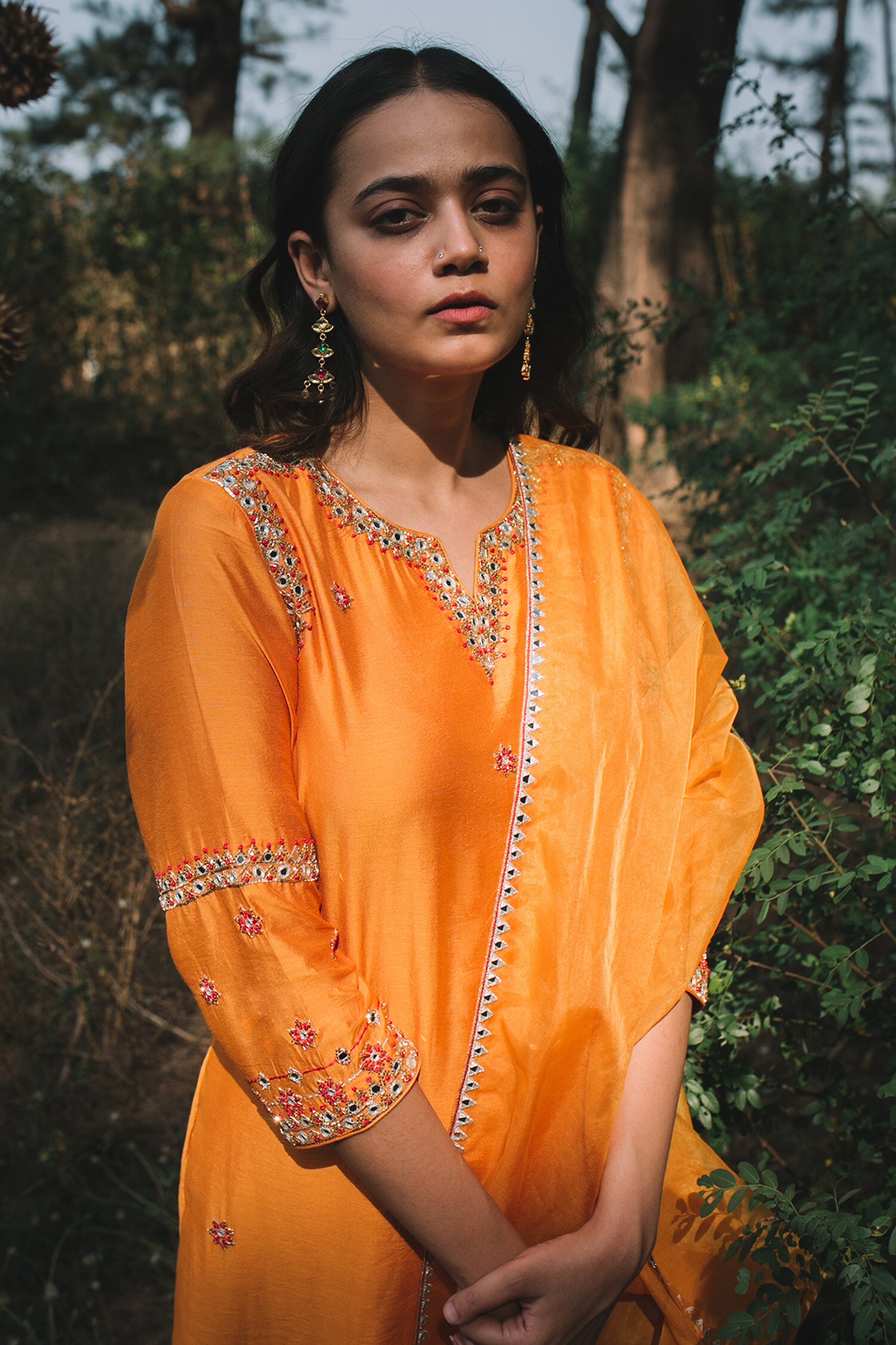 Buy Orange Kurta- Chanderi (70% Cotton And Marjan Applique & Leggings Set  For Women by The White Tree Studio Online at Aza Fashions.