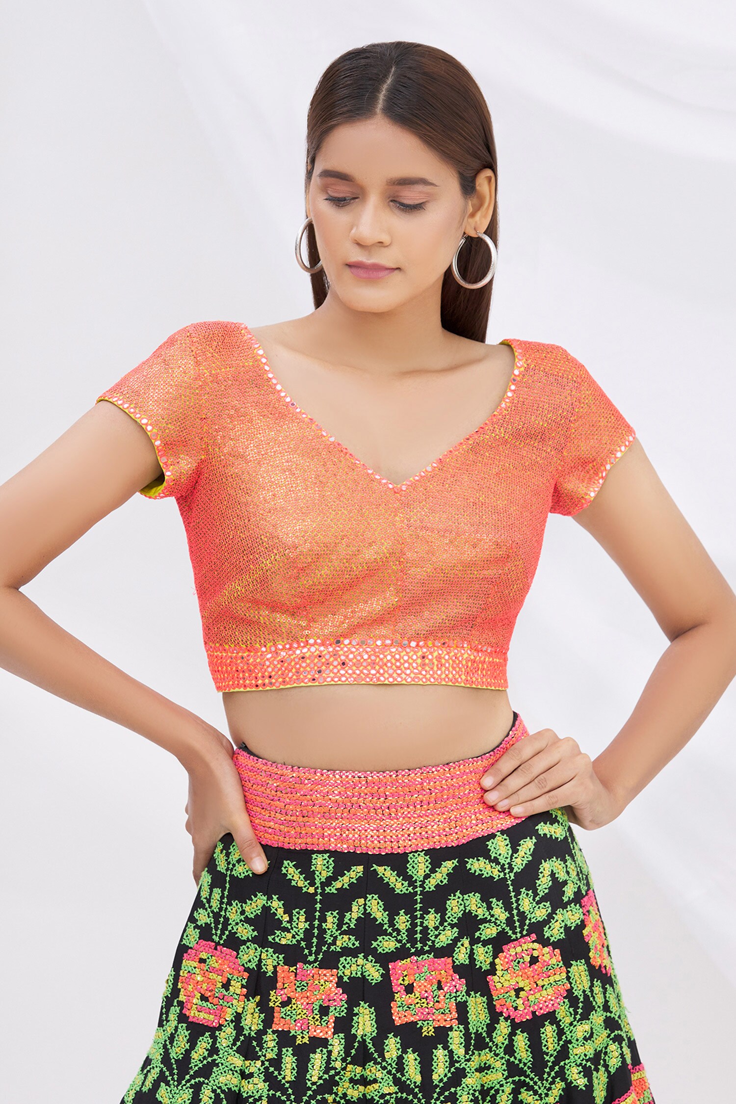 Buy Yellow Crepe Embroidery V Neck Sequin Embellished Crop Top For
