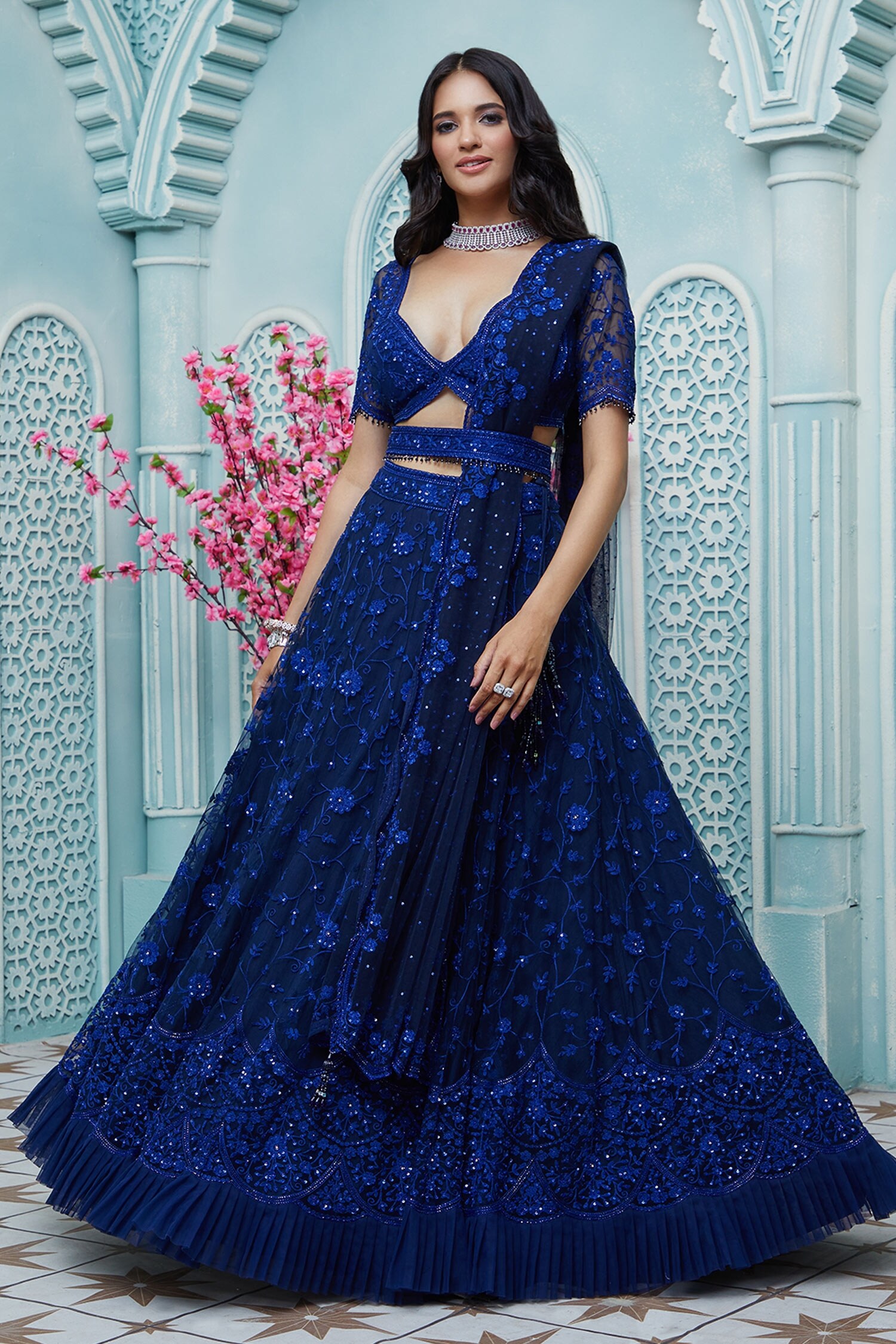 Buy Blue Butterfly Net Embroidered Floral Plunge V Neck Lehenga Set For