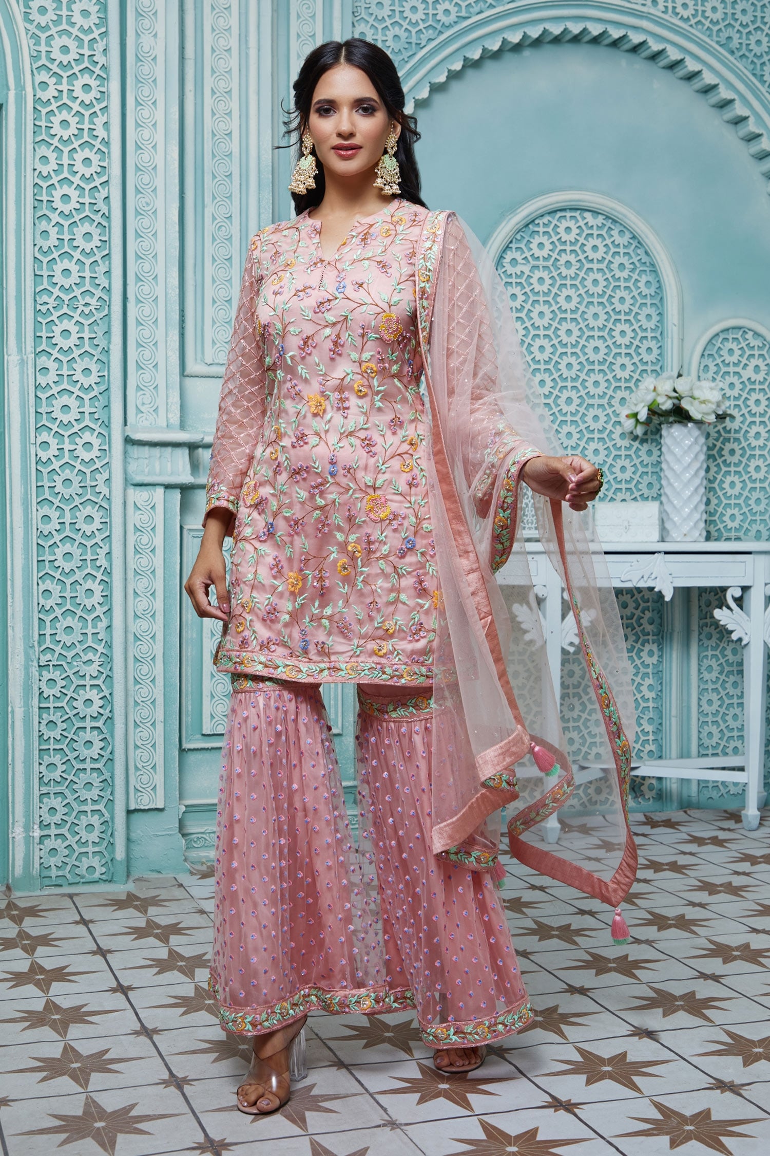 Buy Peach Butterfly Net Embroidered Floral Notched Kurta Sharara Set ...