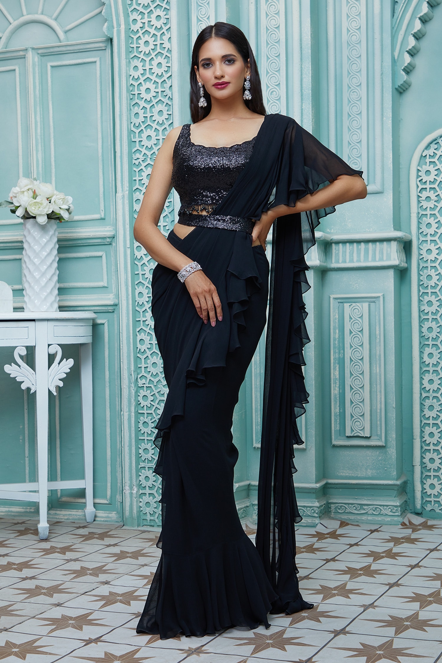 Ariyana Couture Black Saree And Blouse: Viscose Georgette Draped Ruffle & Work Set For Women