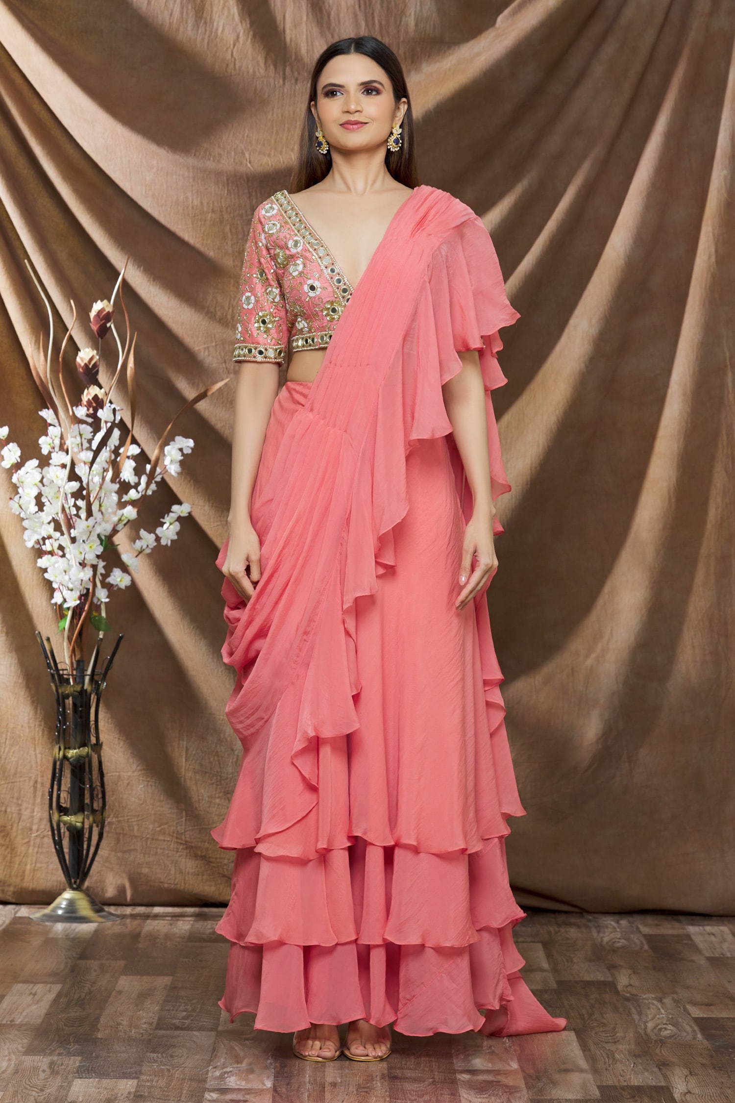 Buy Peach Saree Imported Satin Embroidery Ruffle Pre-draped With Blouse For  Women by Nishta Studio Online at Aza Fashions.