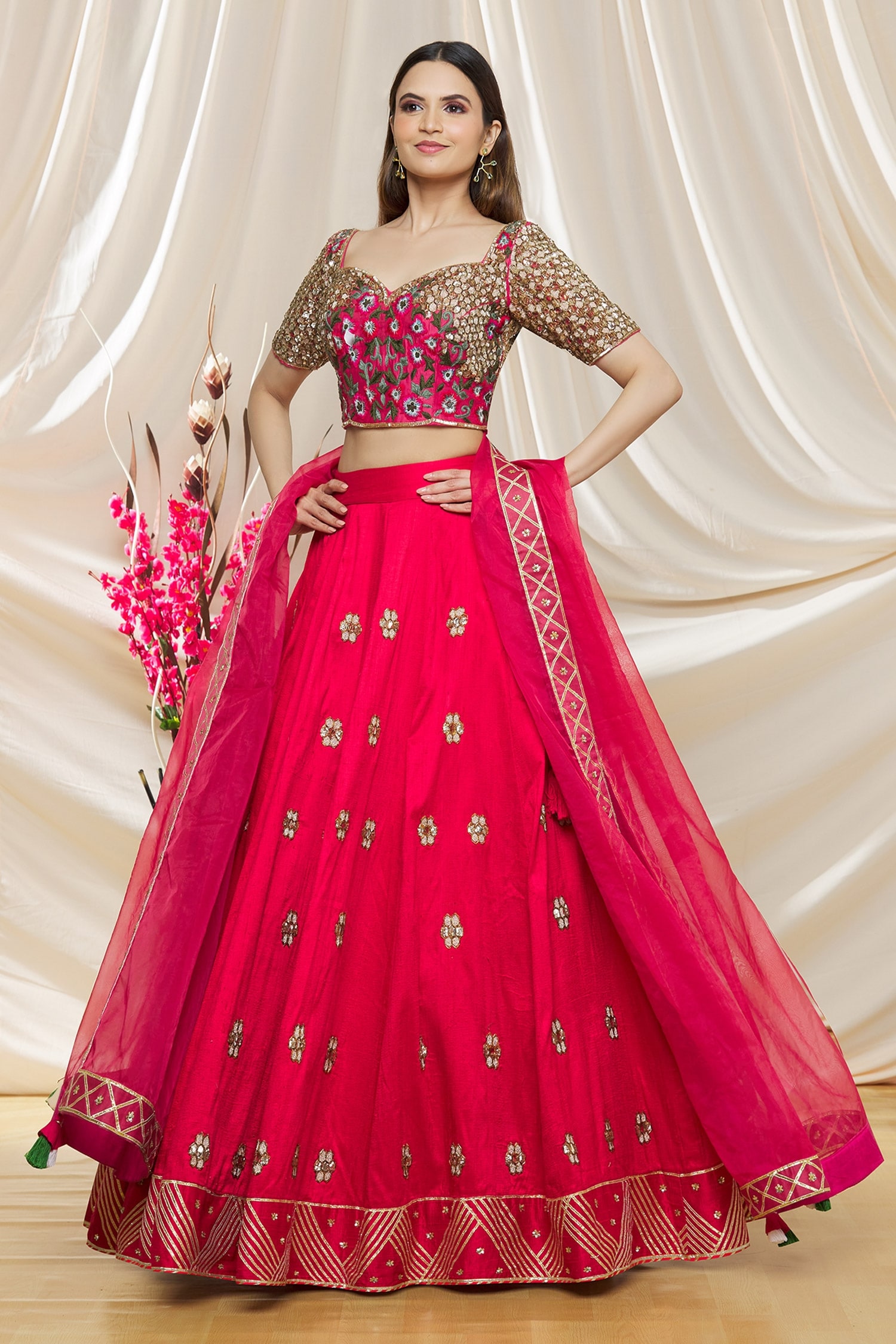 Buy Red Raw Silk Embroidery Sequin Sweetheart Neck Lehenga Set For ...