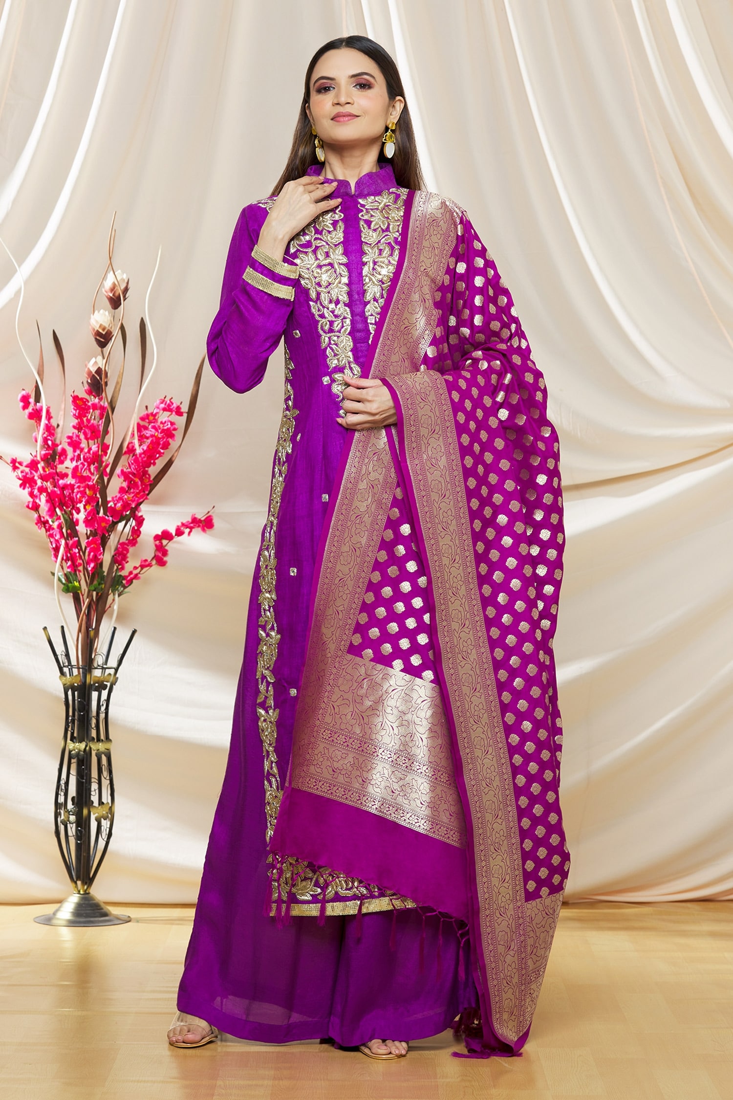 Buy Purple Matka Silk Embroidery Floral Mandarin Collar Zari Kurta Set ...