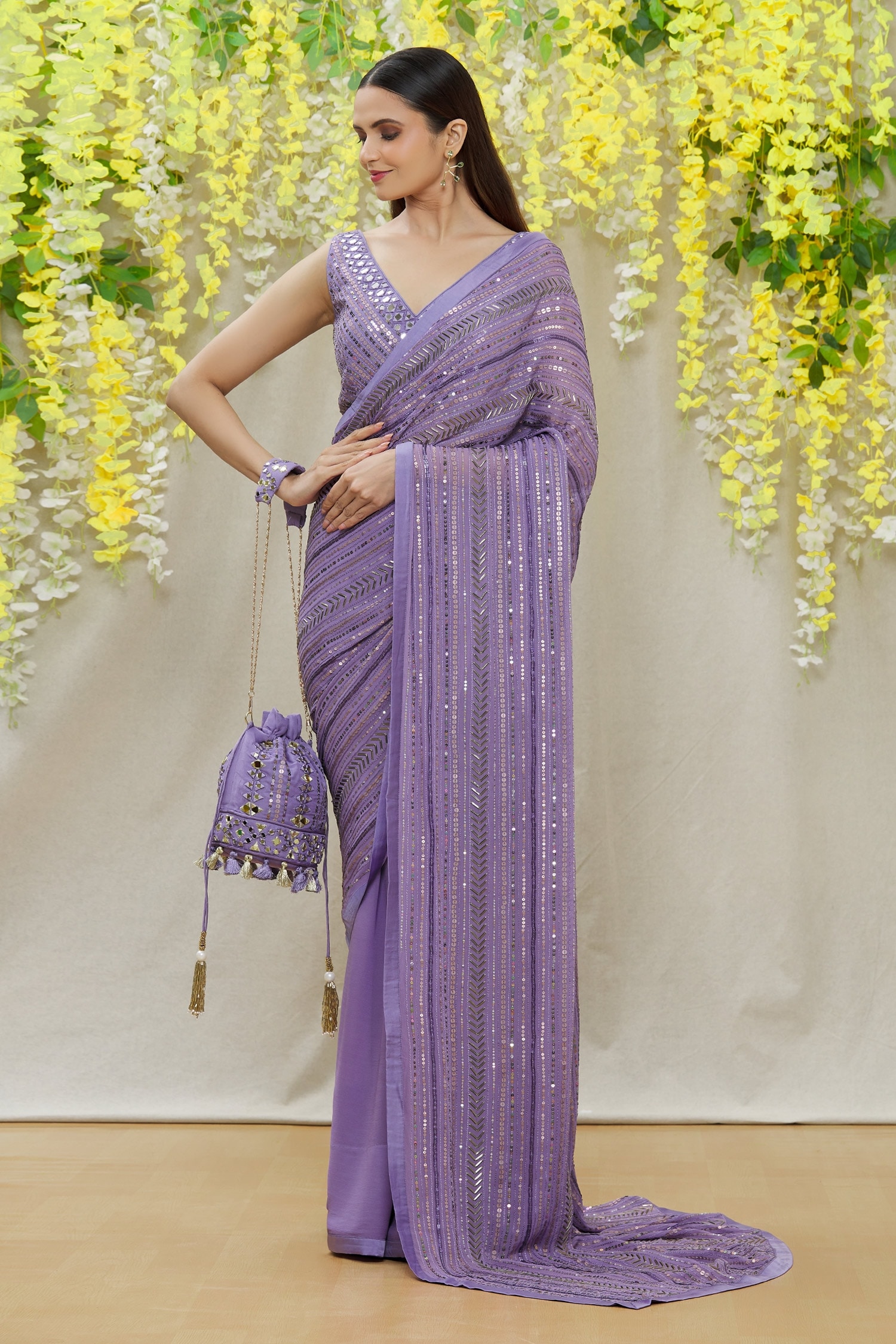 Yoshita Couture Purple Saree - Georgette With Satin Border Embroidered Karina Set For Women