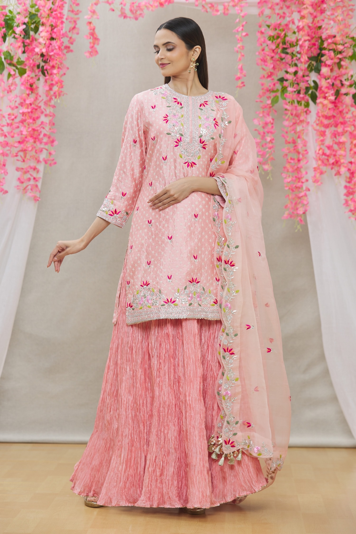 Buy Pink Pure Spun Silk Hand Embroidered Floral Motifs Round Kurta Set