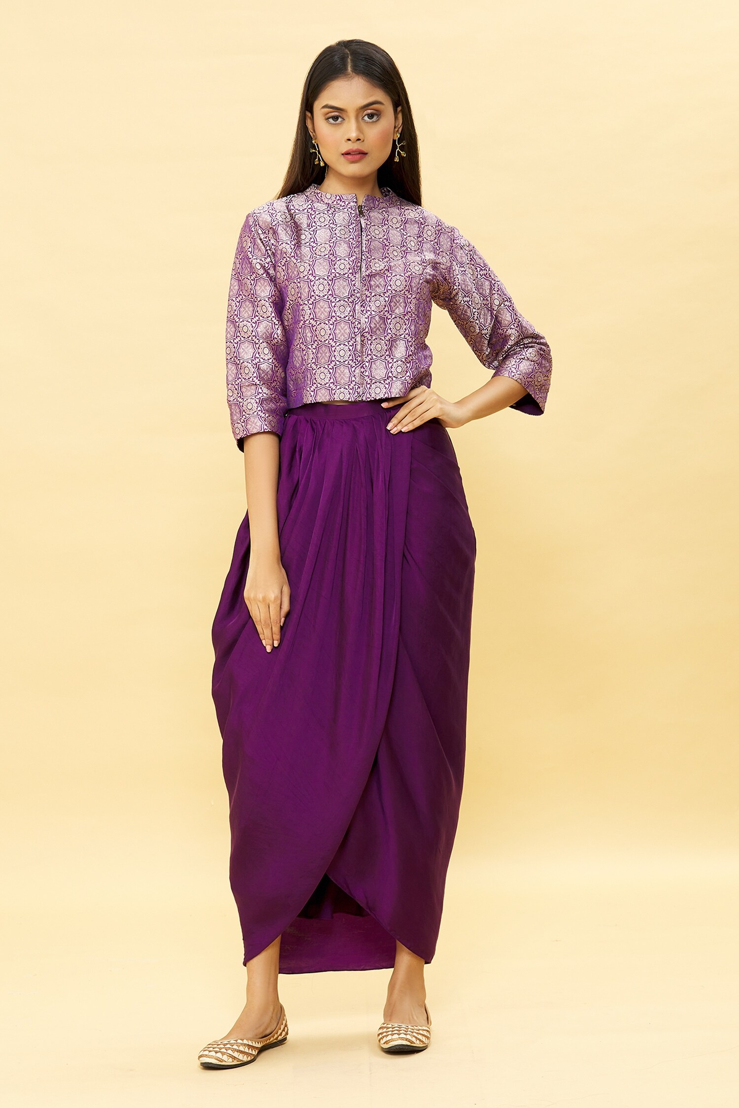 Buy Purple Jacketbanarasi Silk Woven Floral Jacket And Skirt Set For Women by Pinki Sinha