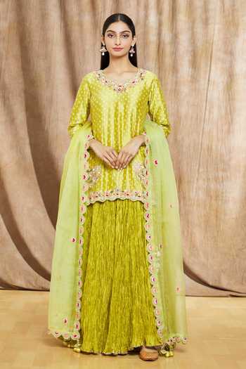 Women Dark Green Chiffon Bandhej Embroidery Work Kurta Set With Dupatta