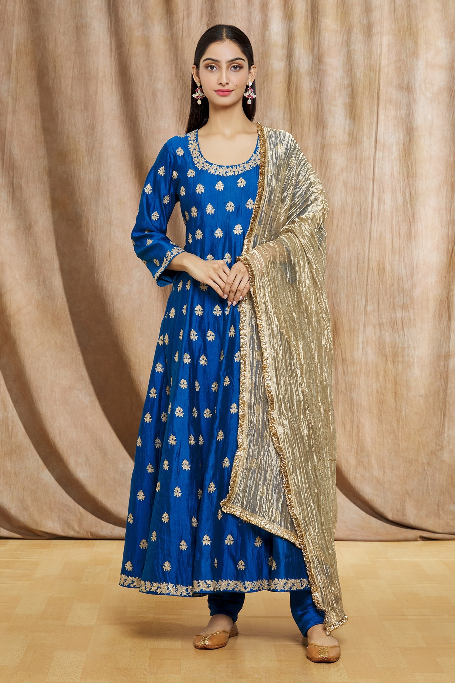 Buy Blue Spun Silk Hand Embroidered Zari Work U Neck Floral Anarkali ...