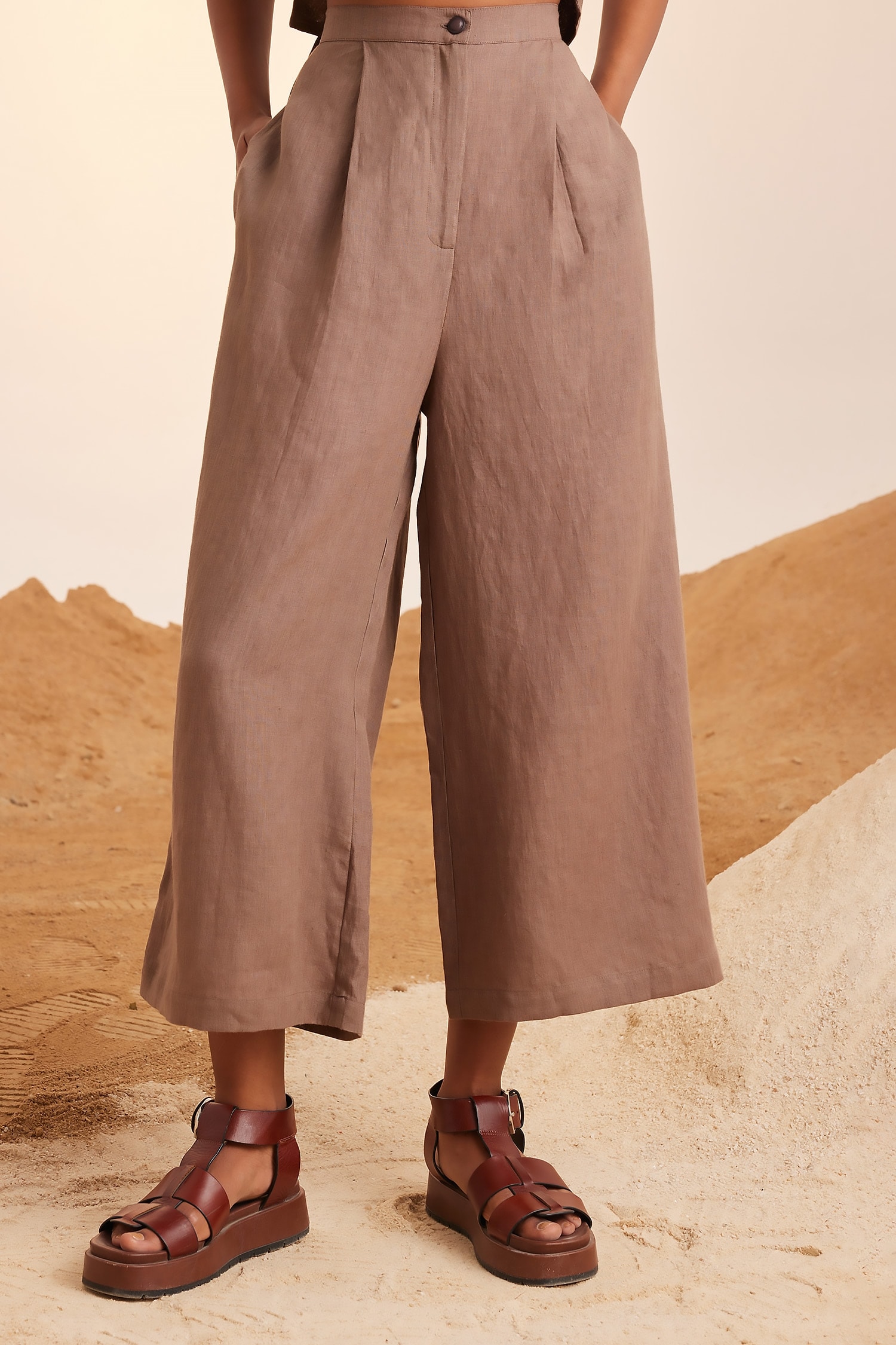 Buy Brown Linen Square Neck Crop Top And Pant Set For Women by Cord Online  at Aza Fashions.