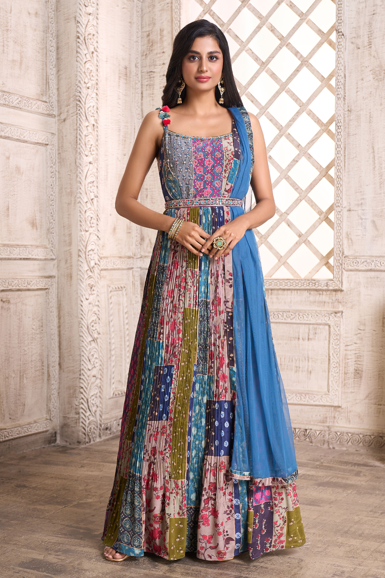 Alaya Advani Blue Printed Anarkali With Dupatta