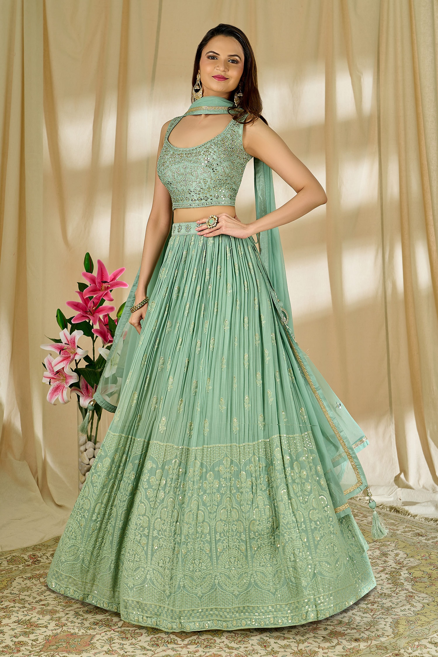 Buy Green Blouse: Dupion Silk Embroidery Thread Scoop Lucknowi Lehenga ...