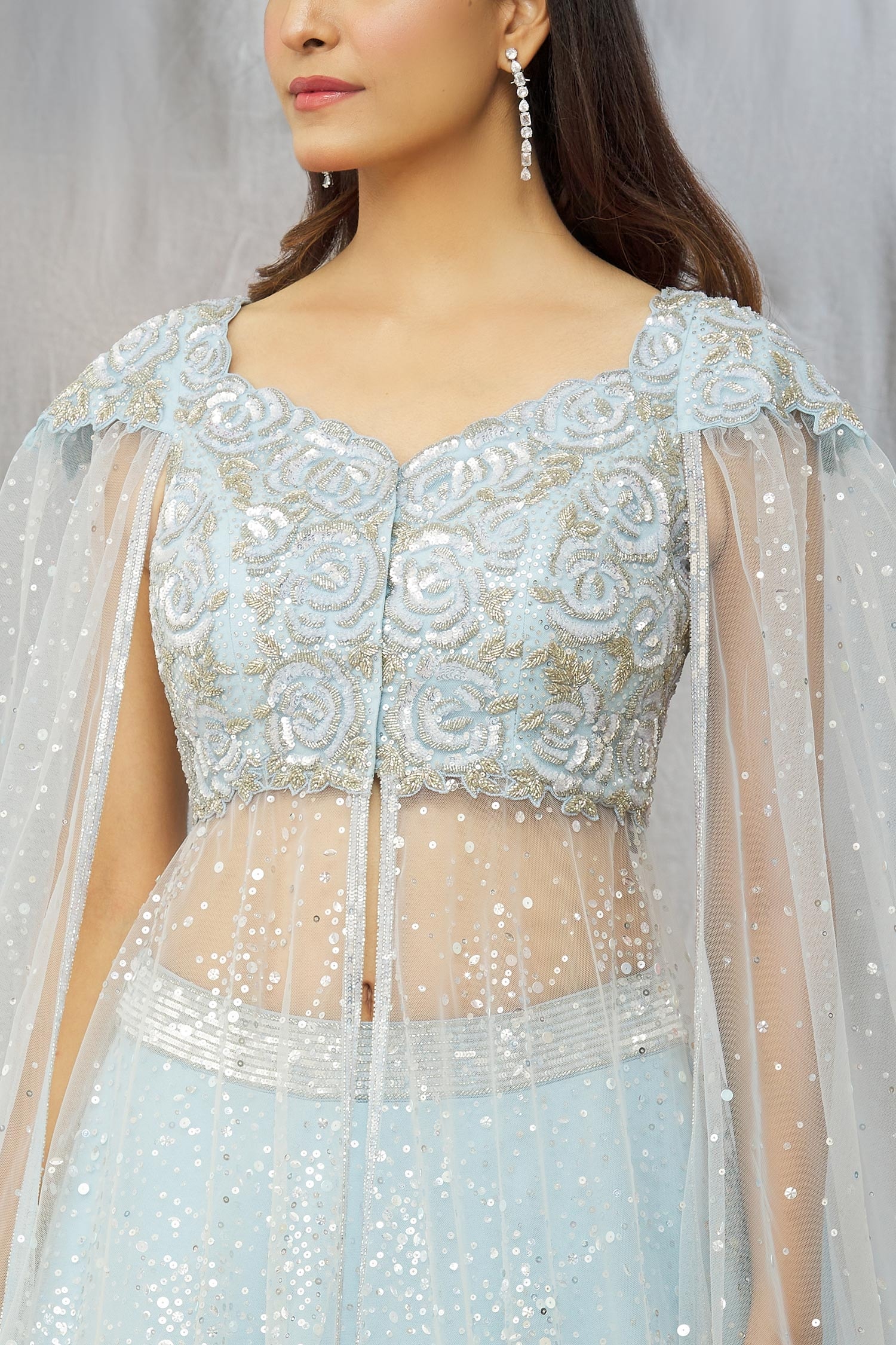 Shlok Design - Blue Net Embroidered Floral V Neck Cape Sleeve Blouse And  Lehenga Set For Women