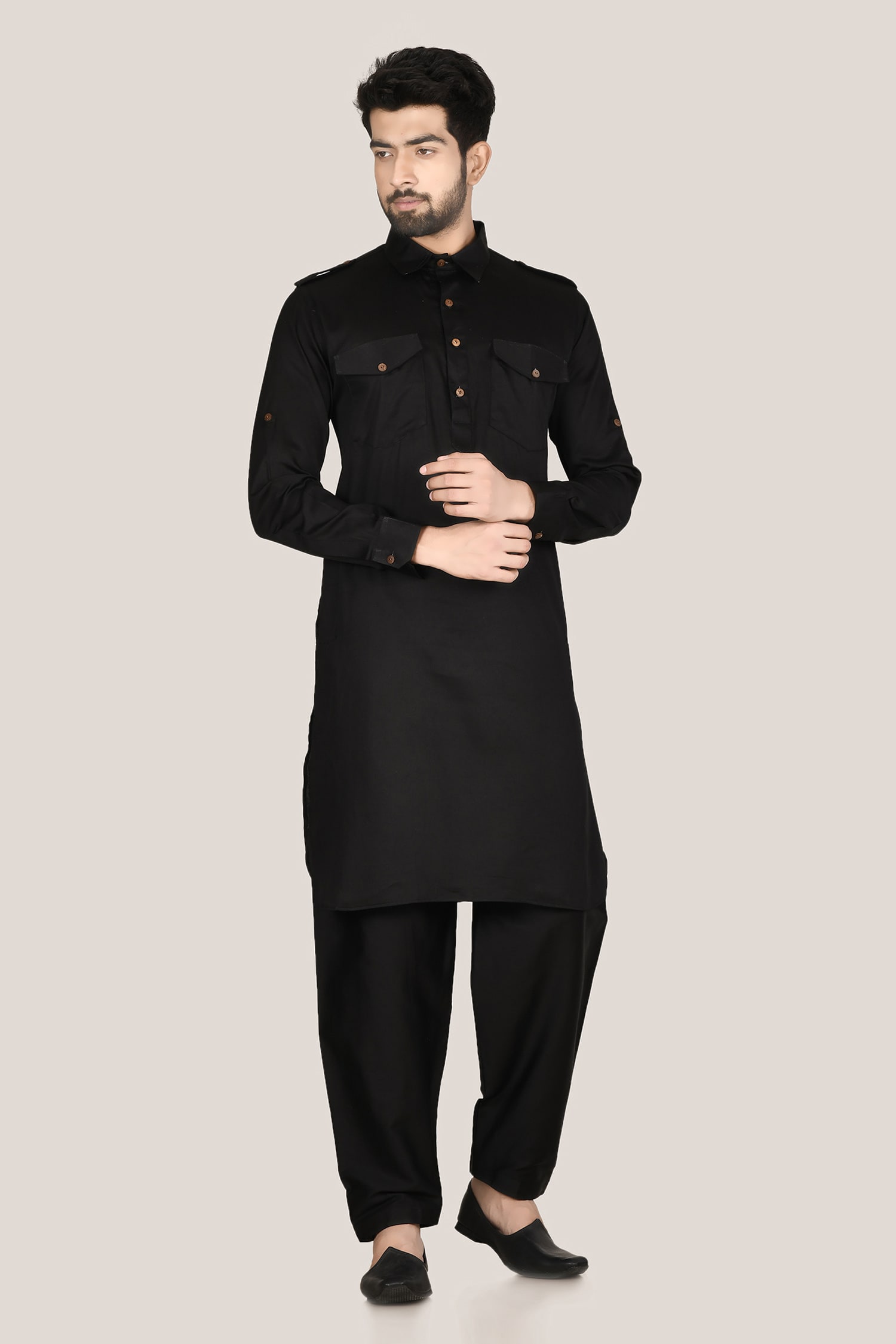 Buy Black Muslin Cotton Pathani Kurta Set For Men by Aryavir Malhotra ...