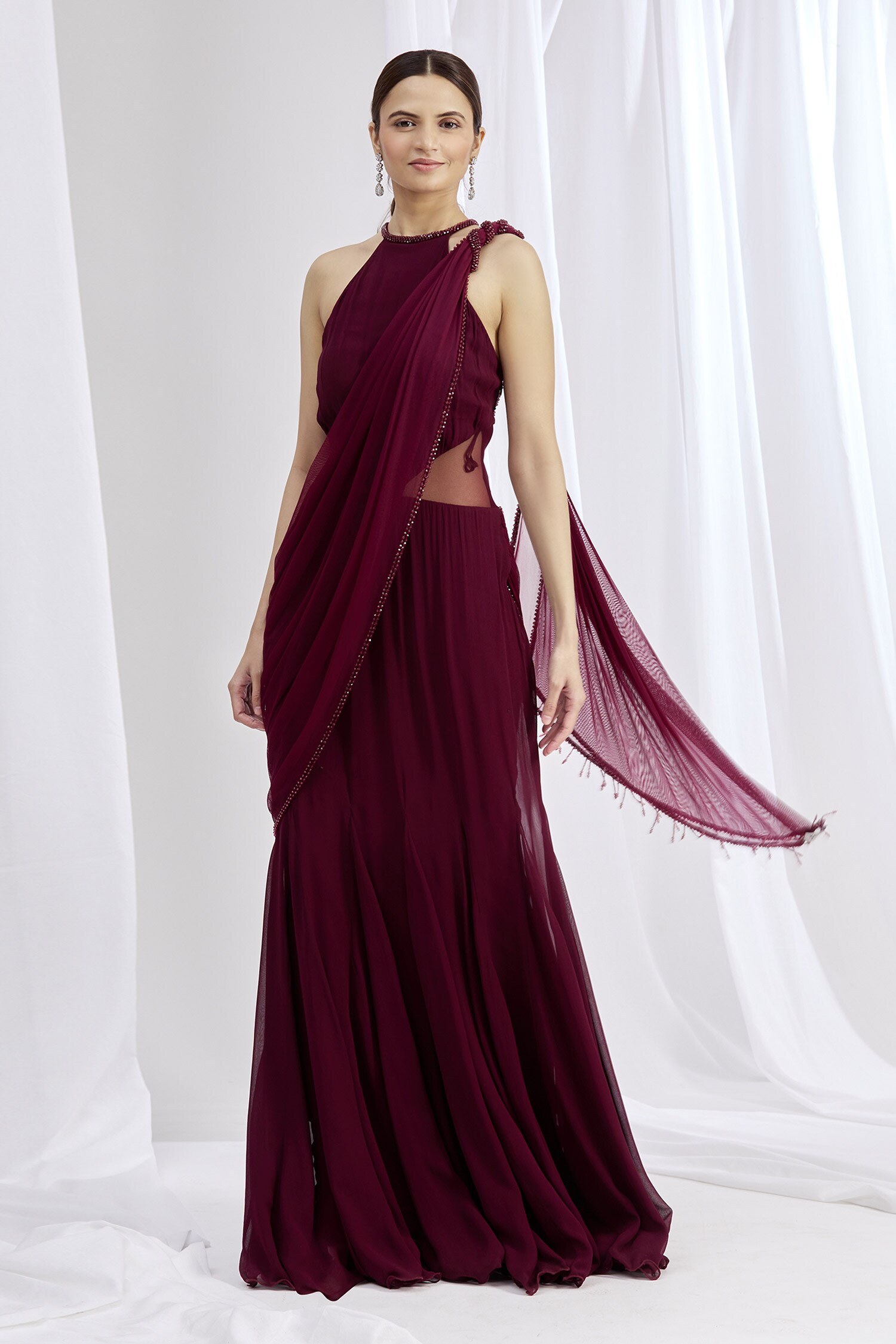 Buy Maroon Georgette Halter Neck Embroidered Saree Gown For Women by ARPAN  VOHRA Online at Aza Fashions.