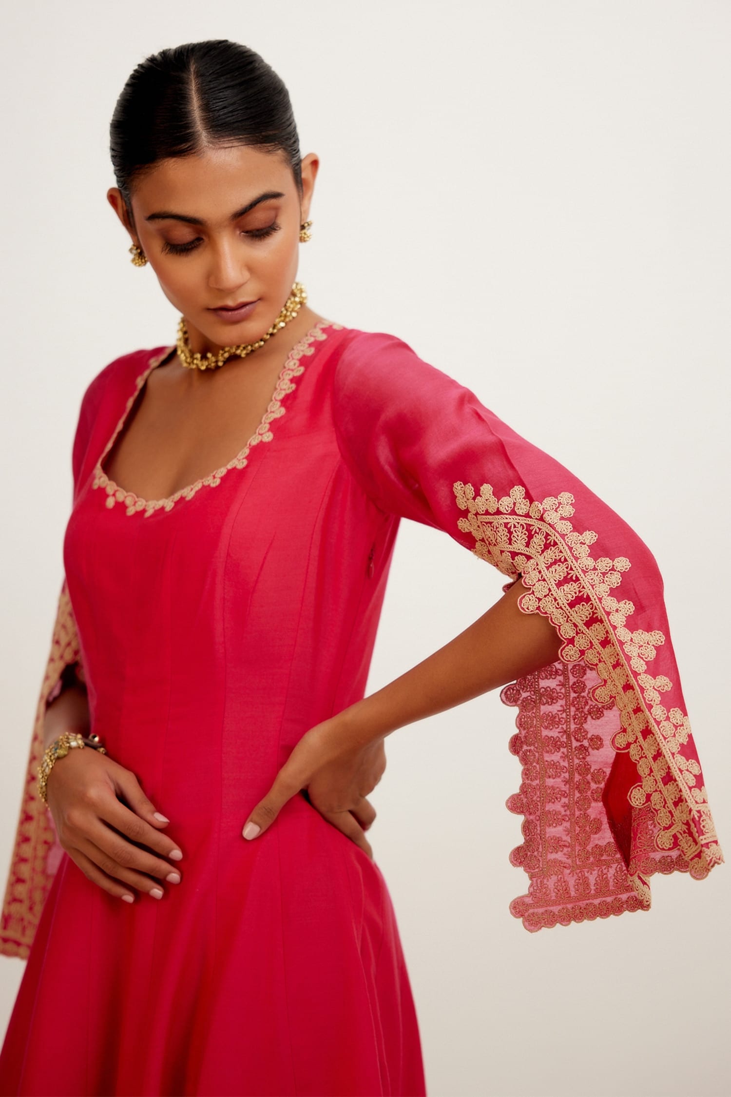 Buy Fuchsia Cotton Silk Blend Embroidered Dori Sleeve Anarkali Set