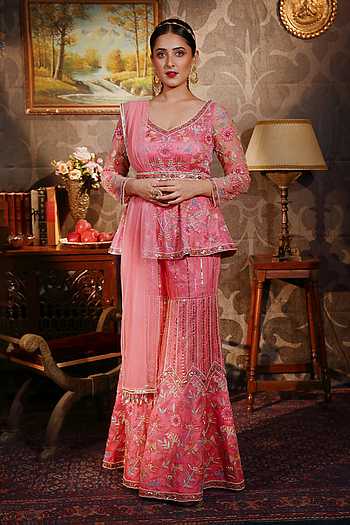Girls Pink Floral  Printed Angrakha Kurta with Sharara