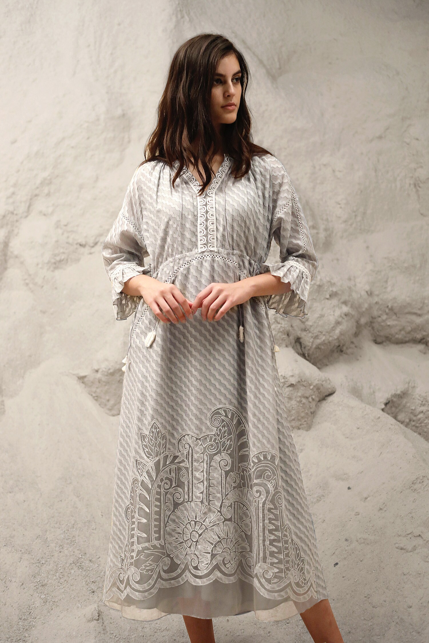 Buy VARQ by Varun Nidhika Grey Cotton Silk Embroidered Midi Dress ...