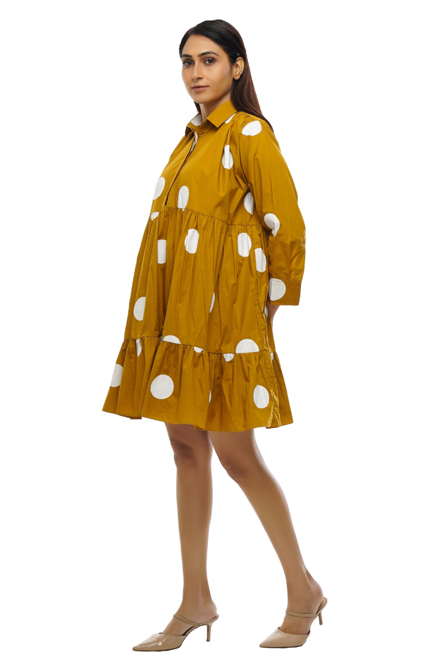 Buy Blue Yellow Polka Dot Hand Block Printed Cotton Dress | VJ77FEB105/DRESS/BY/VJ77FEB  | The loom