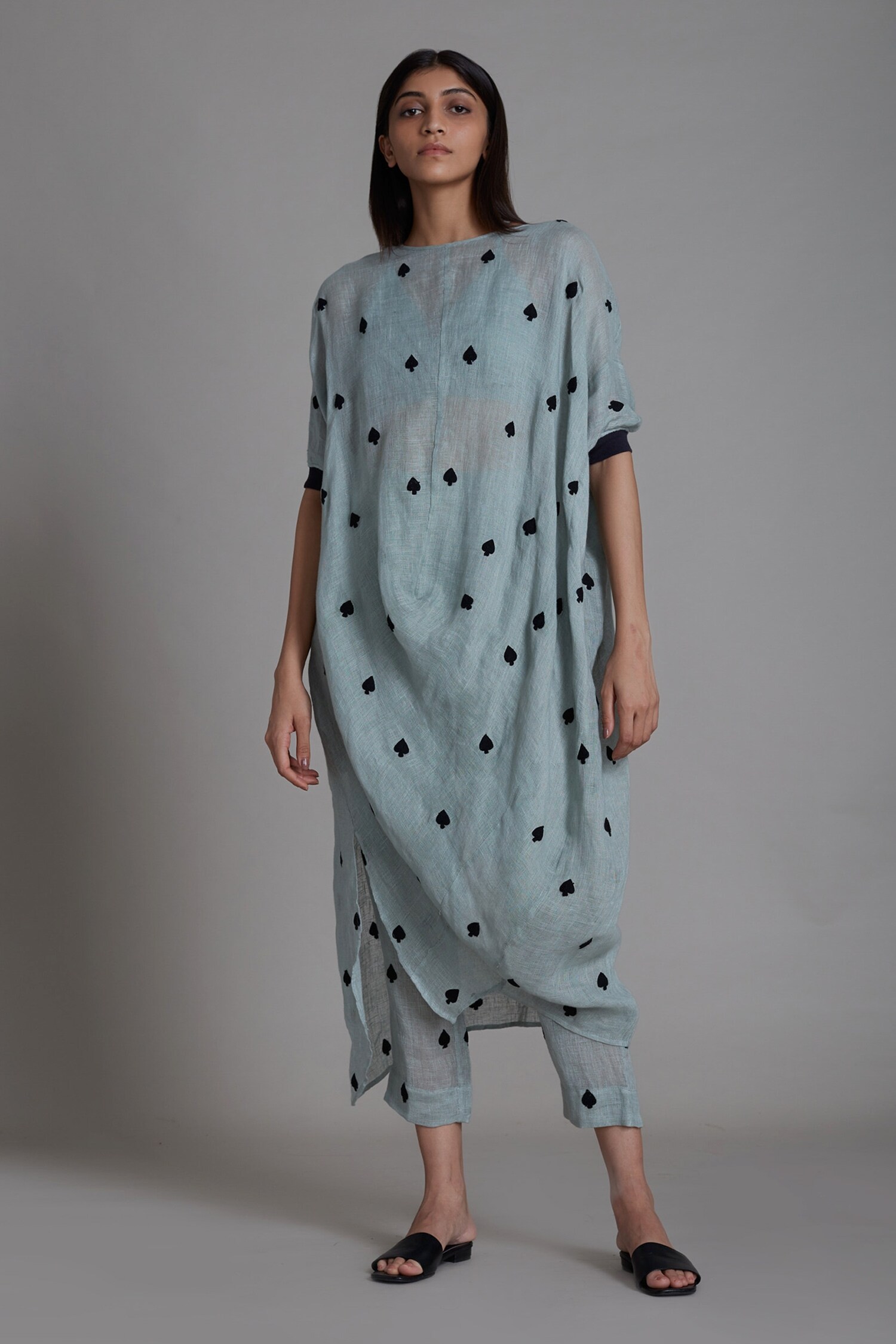 Buy Blue Pure Linen Embroidery Thread Round Tunic And Pant Set For ...