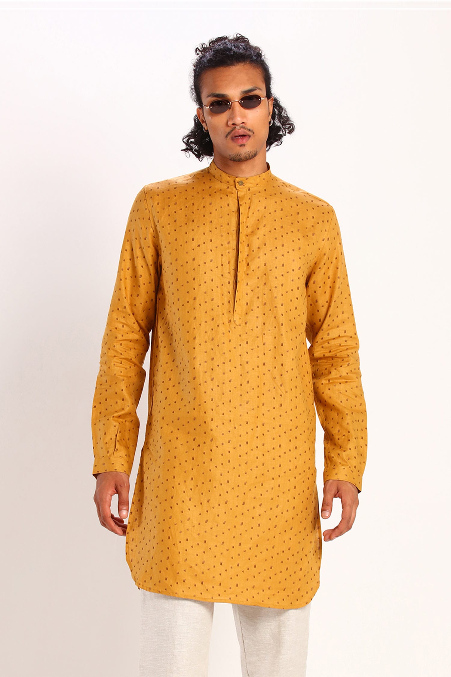 Son of A Noble Snob Yellow Linen Printed Short Kurta For Men