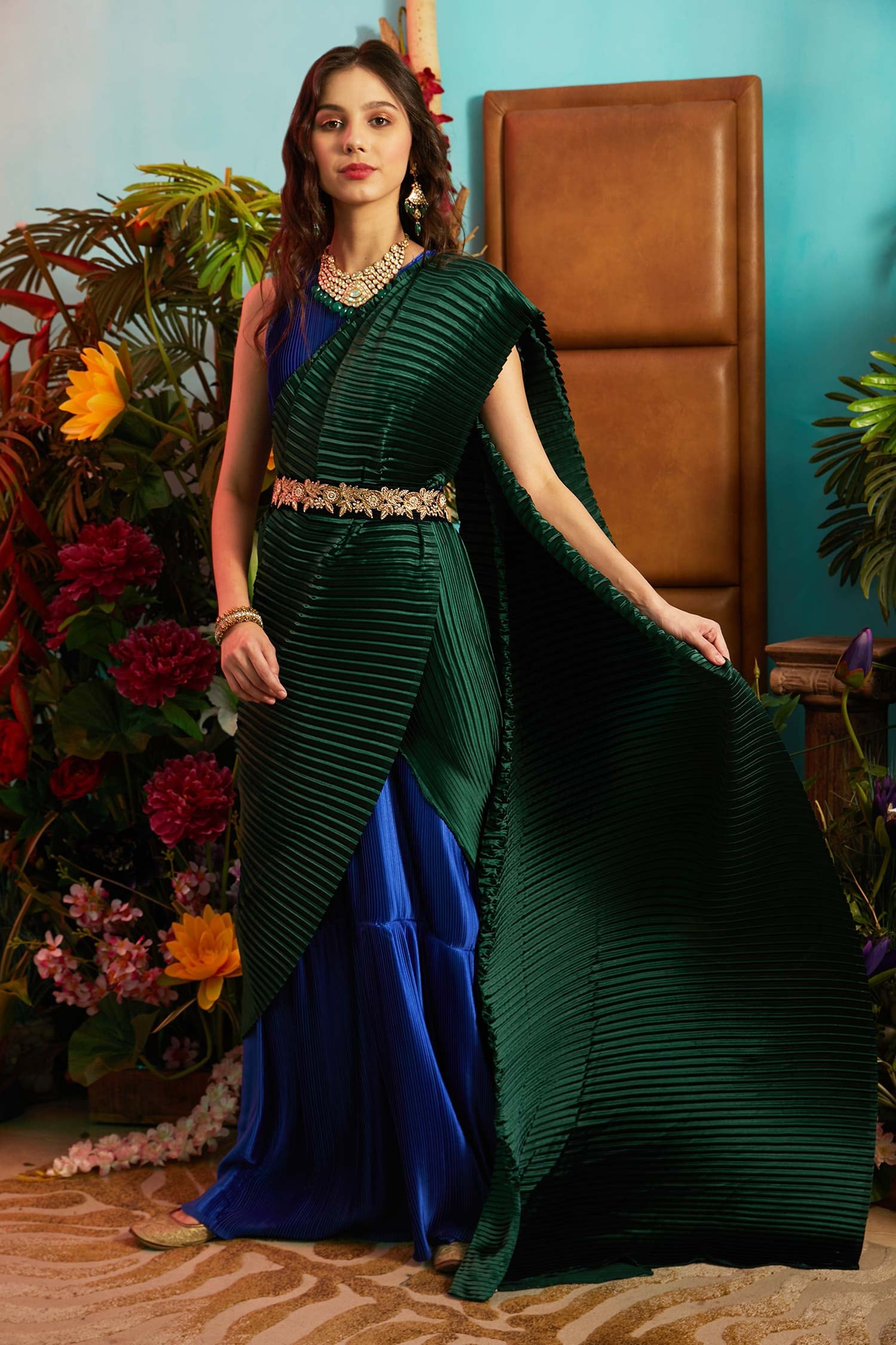 Zari Party Wear Green Silk Saree Convert Long Dress