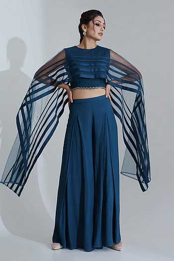Buy Blue Georgette Crepe Round Crop Top And Pant Set For Women by ...