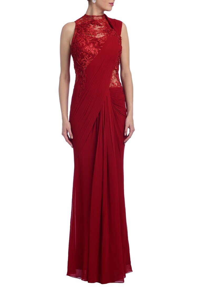 Buy Scarlet red embroidered saree gown by Gaurav Gupta at Aza Fashions