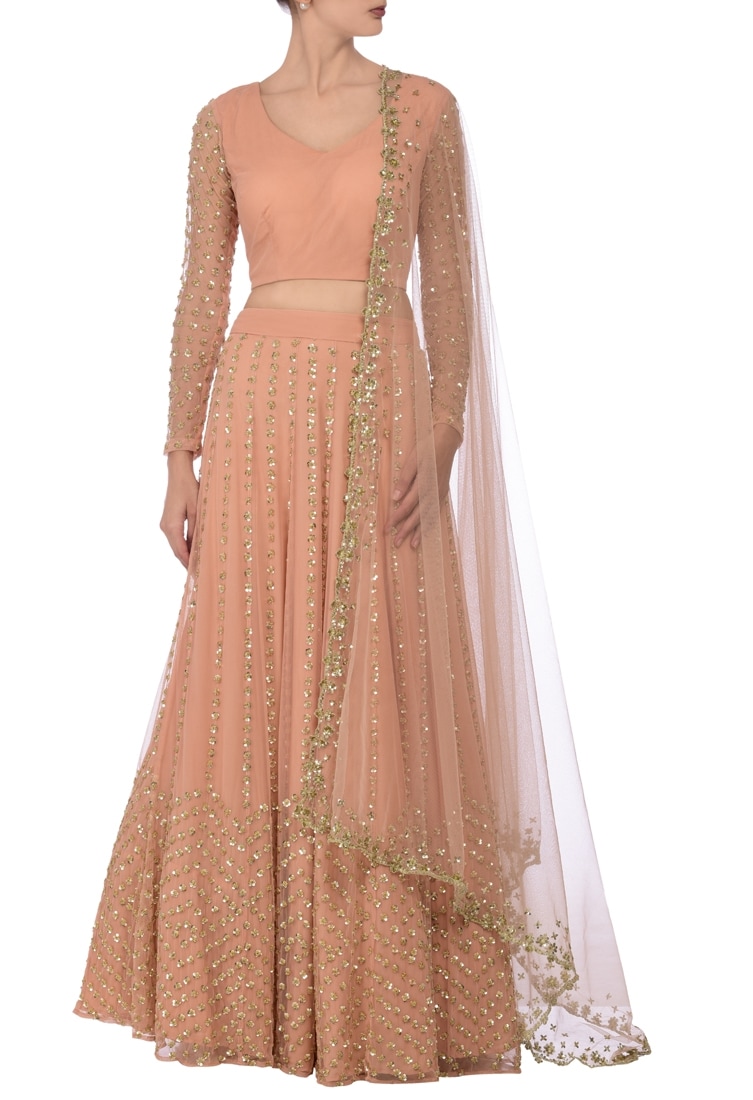 Astha Narang Pink Net Embellished Sequin V Neck Lehenga Set For Women