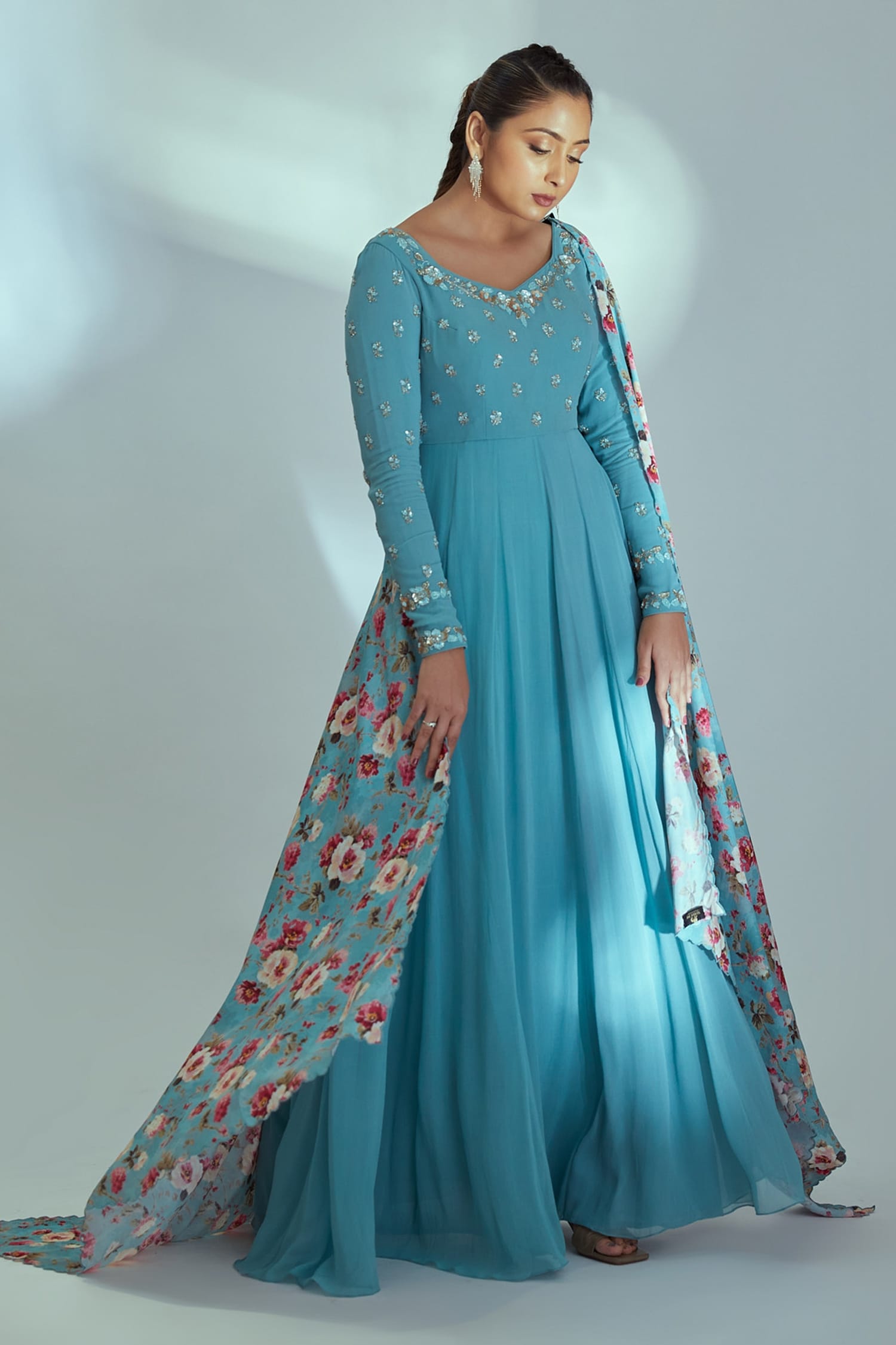 Buy Blue Georgette Woven Floral Print V Embroidered Anarkali With ...