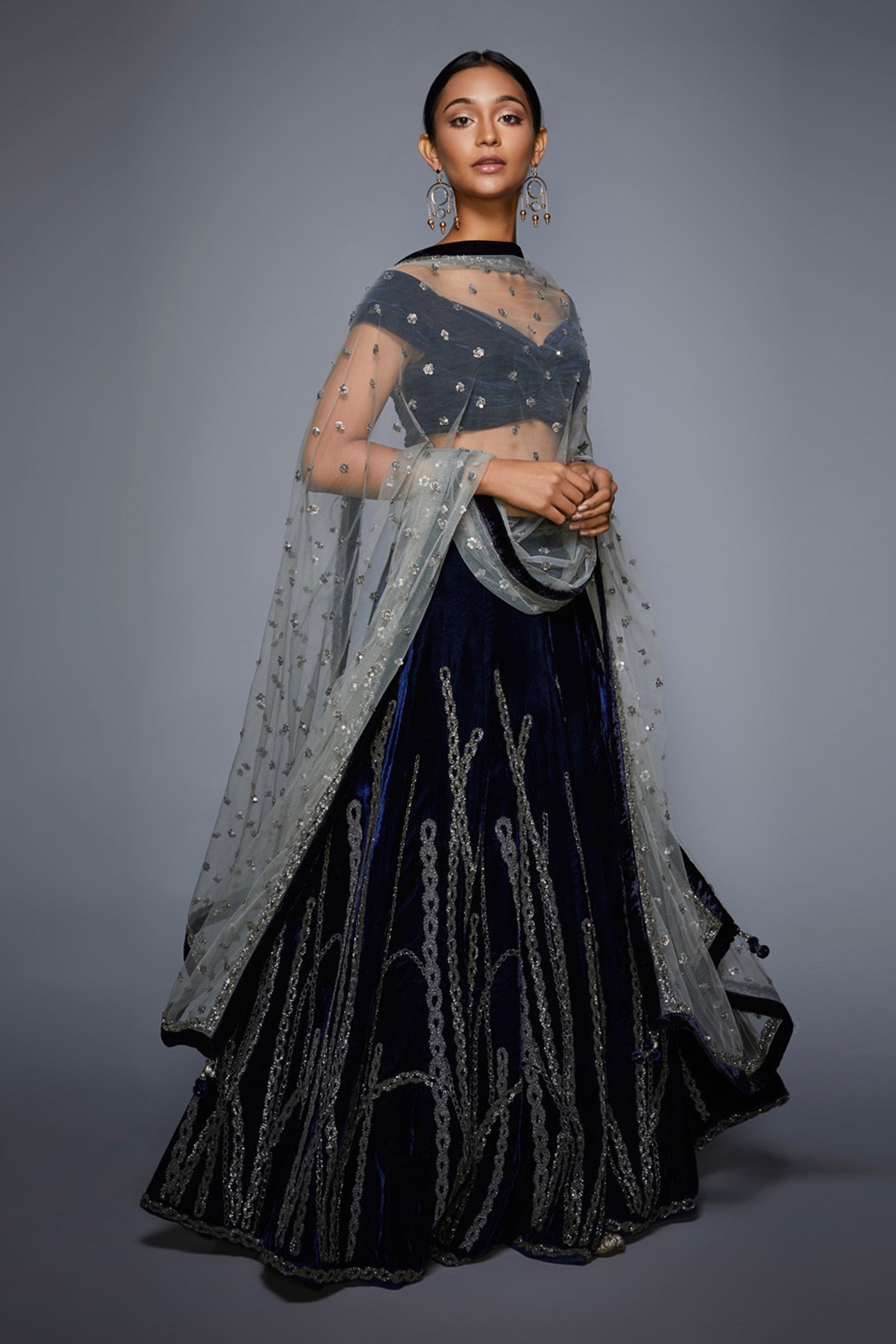 Buy Ri Ritu Kumar Blue Velvet Embroidered Lehenga Set Online Aza Fashions