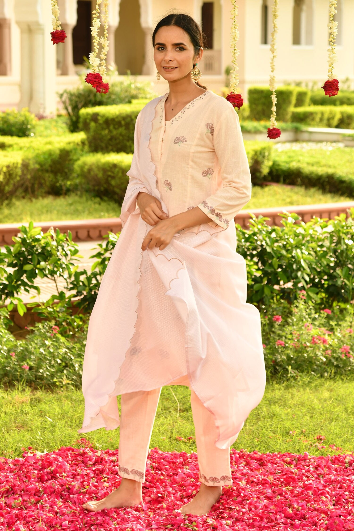 Buy Seher Jaipur Peach Cotton Slub Soha Floral Embroidered Kurta Pant Set Online Aza Fashions