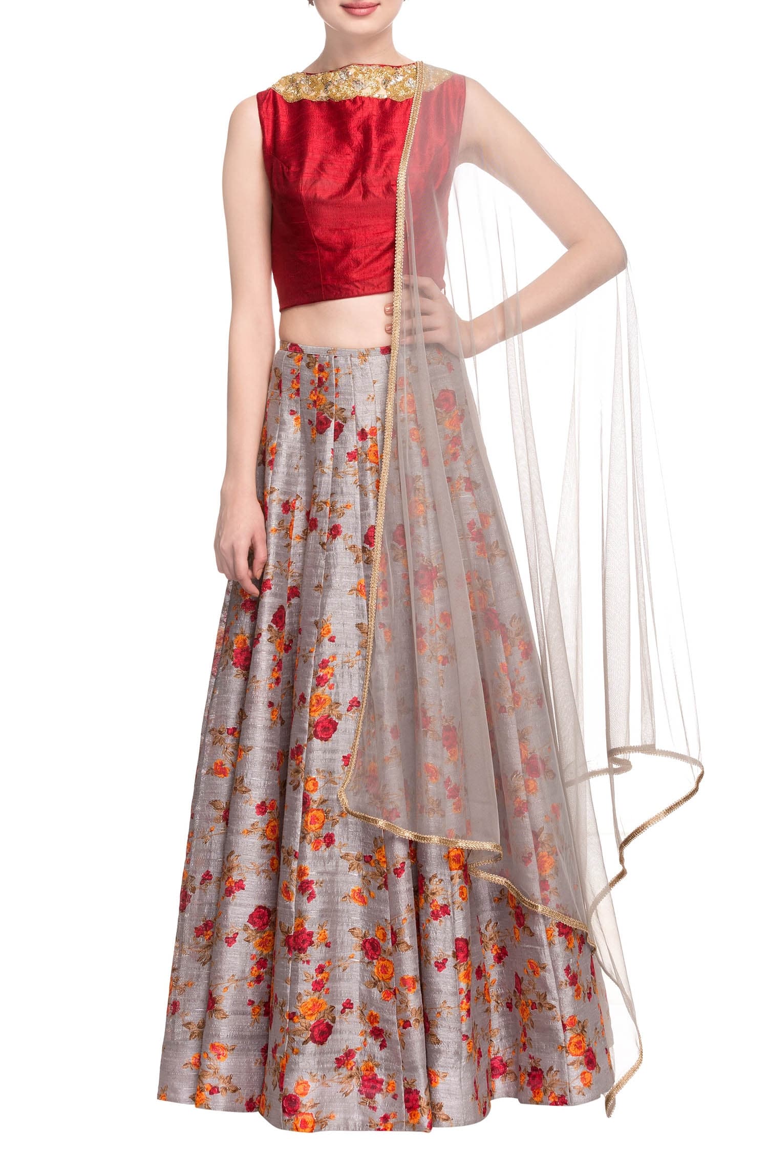 red and grey combination lehenga
