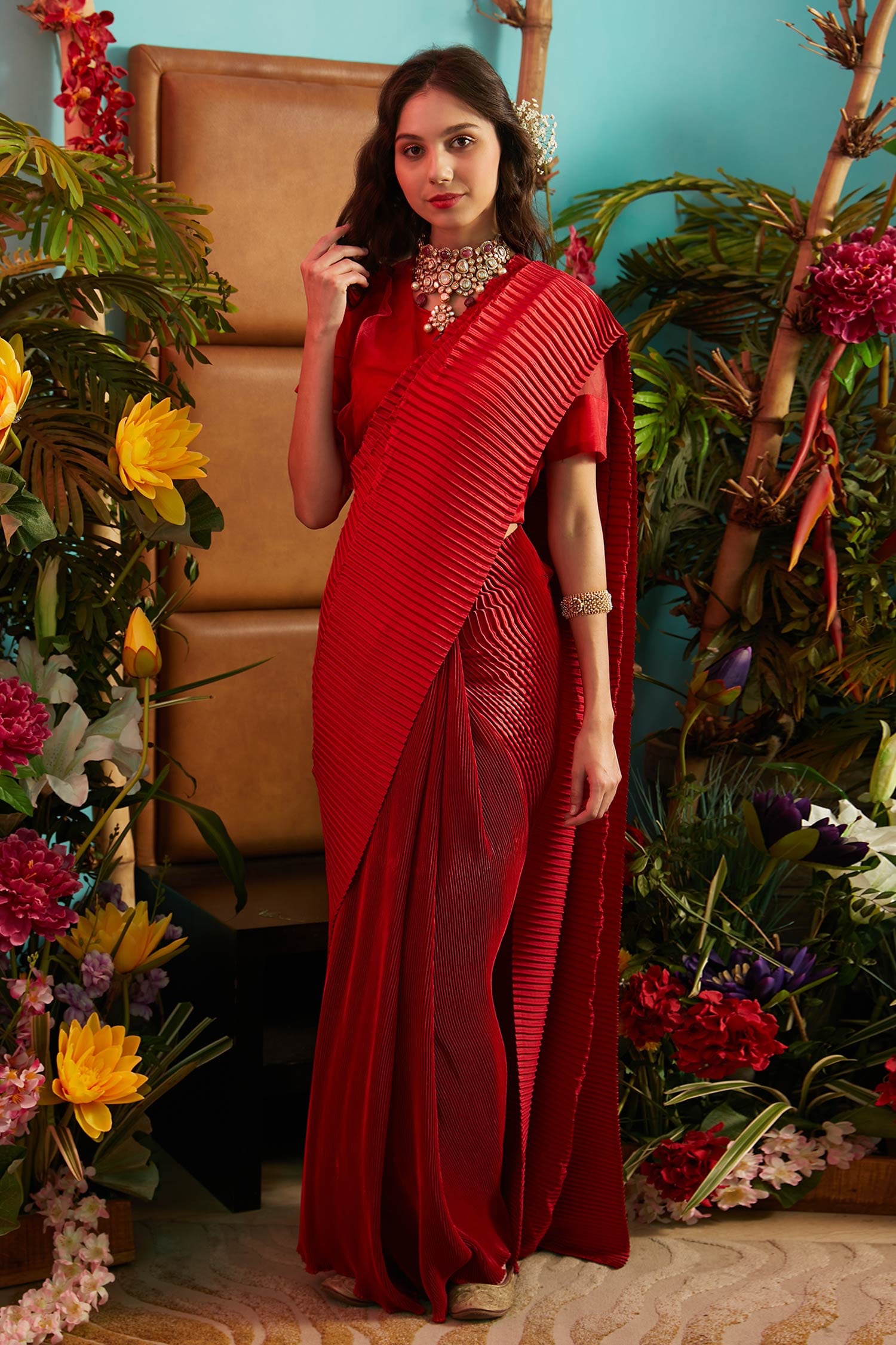 Buy Tasuvure Indies Red Pleated Pre-draped Saree With Blouse Online ...