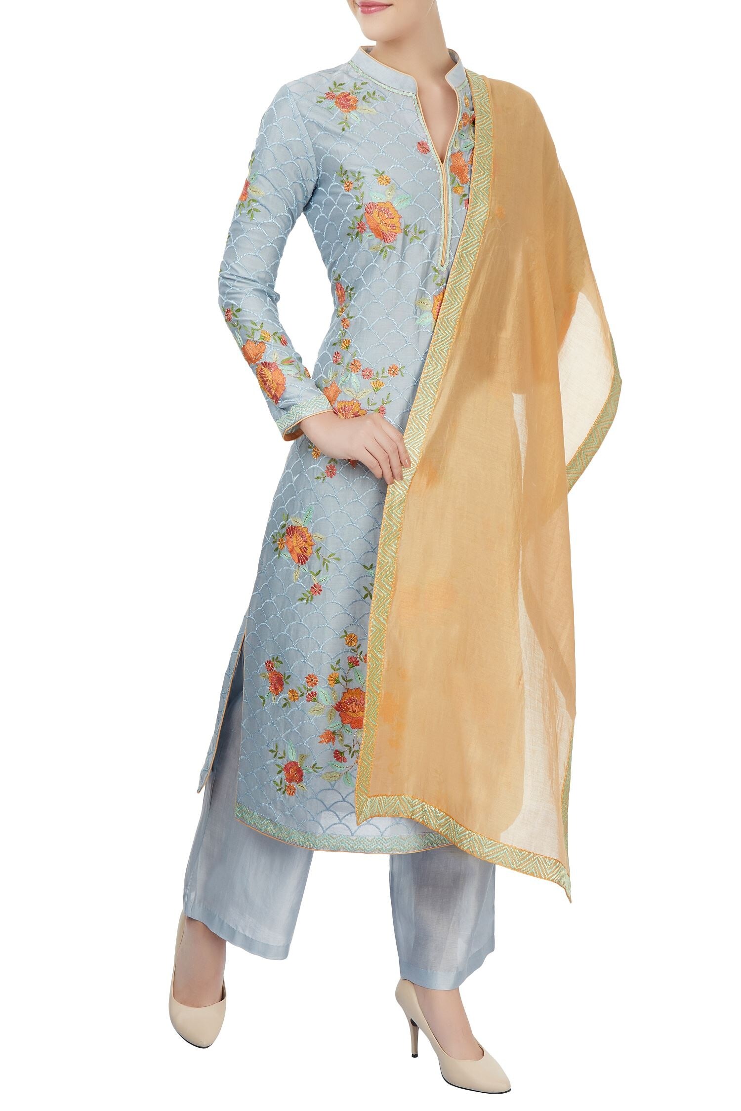 Aiman Blue Chanderi Embroidered Kurta Set