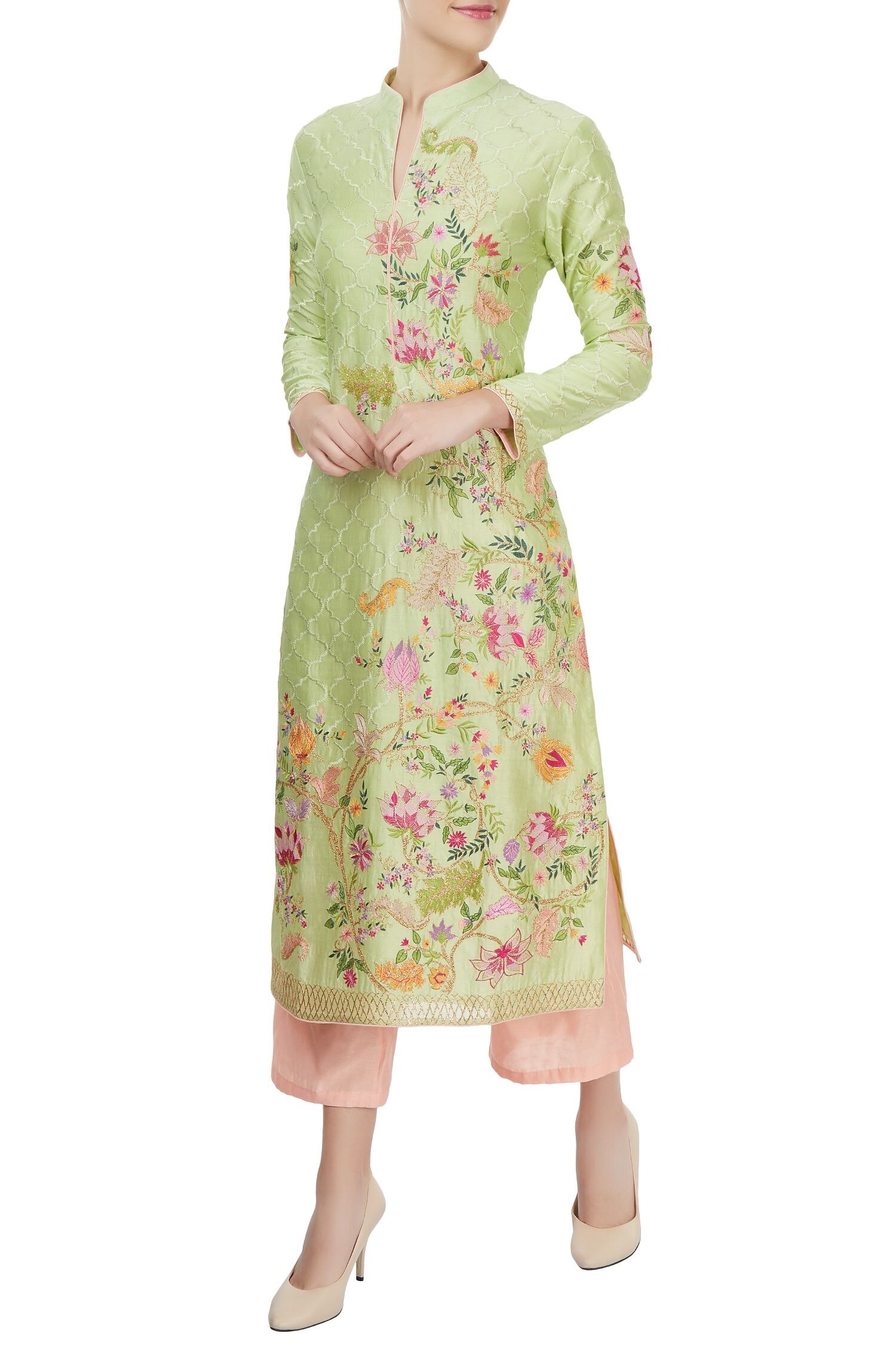 Buy Pistachio green kurta & pink culottes by Aiman at Aza Fashions