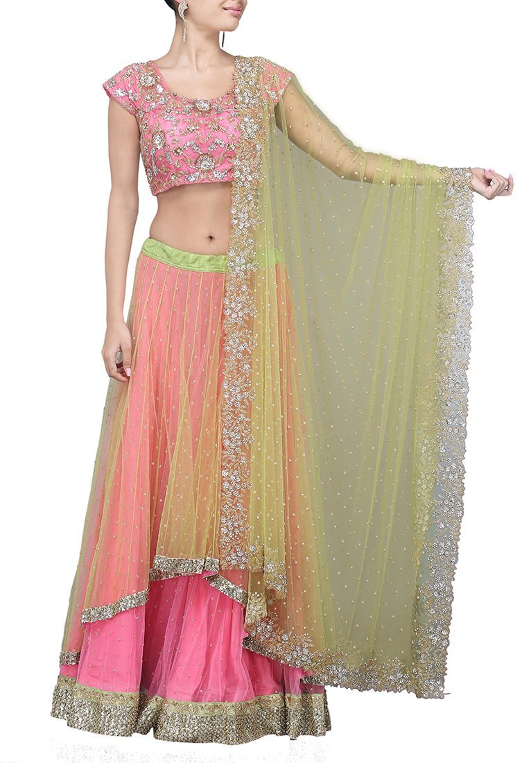 pink and light green combination lehenga