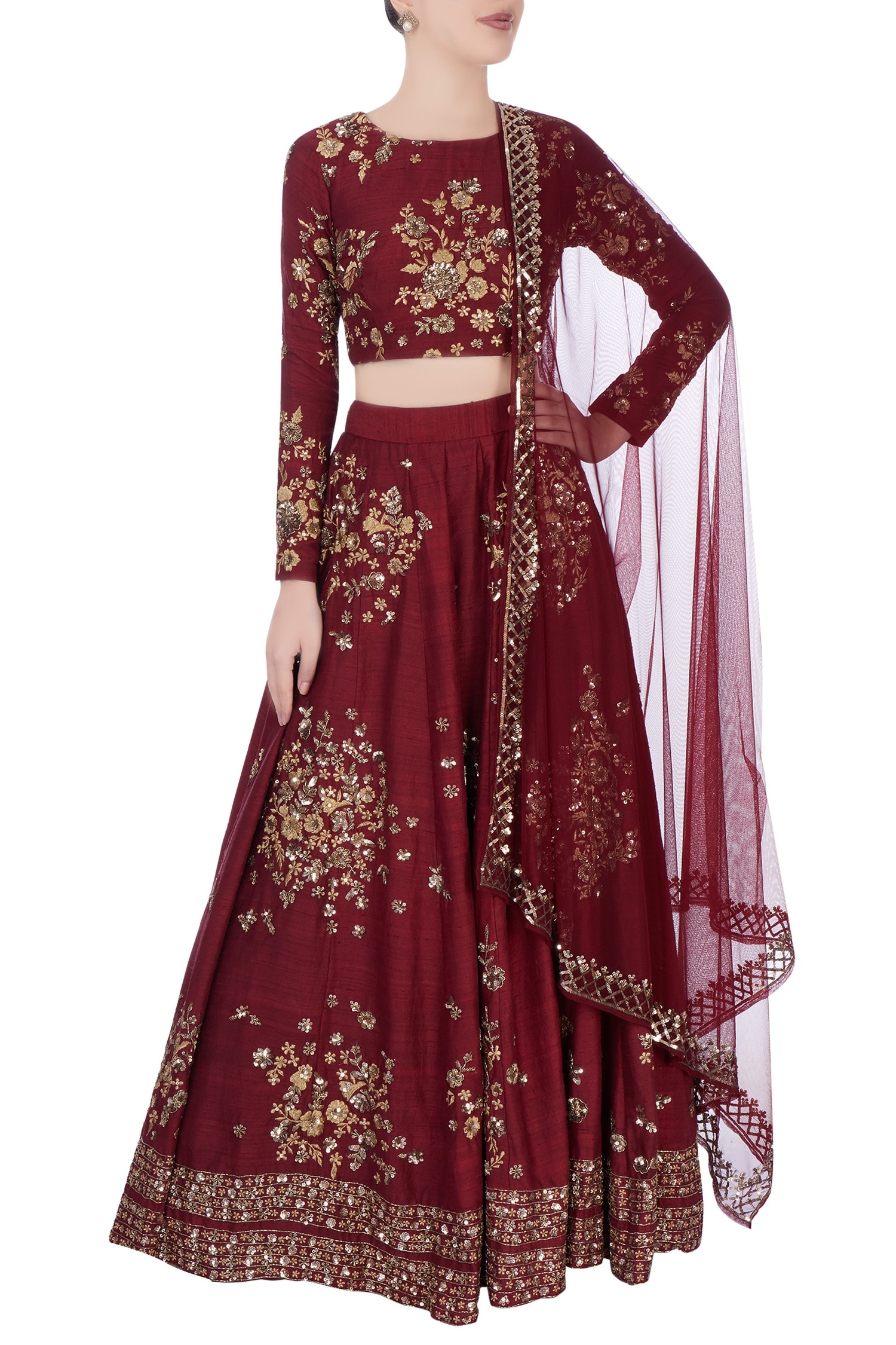 Astha Narang Maroon Embroidered Floral Round Neck Lehenga Set For Women