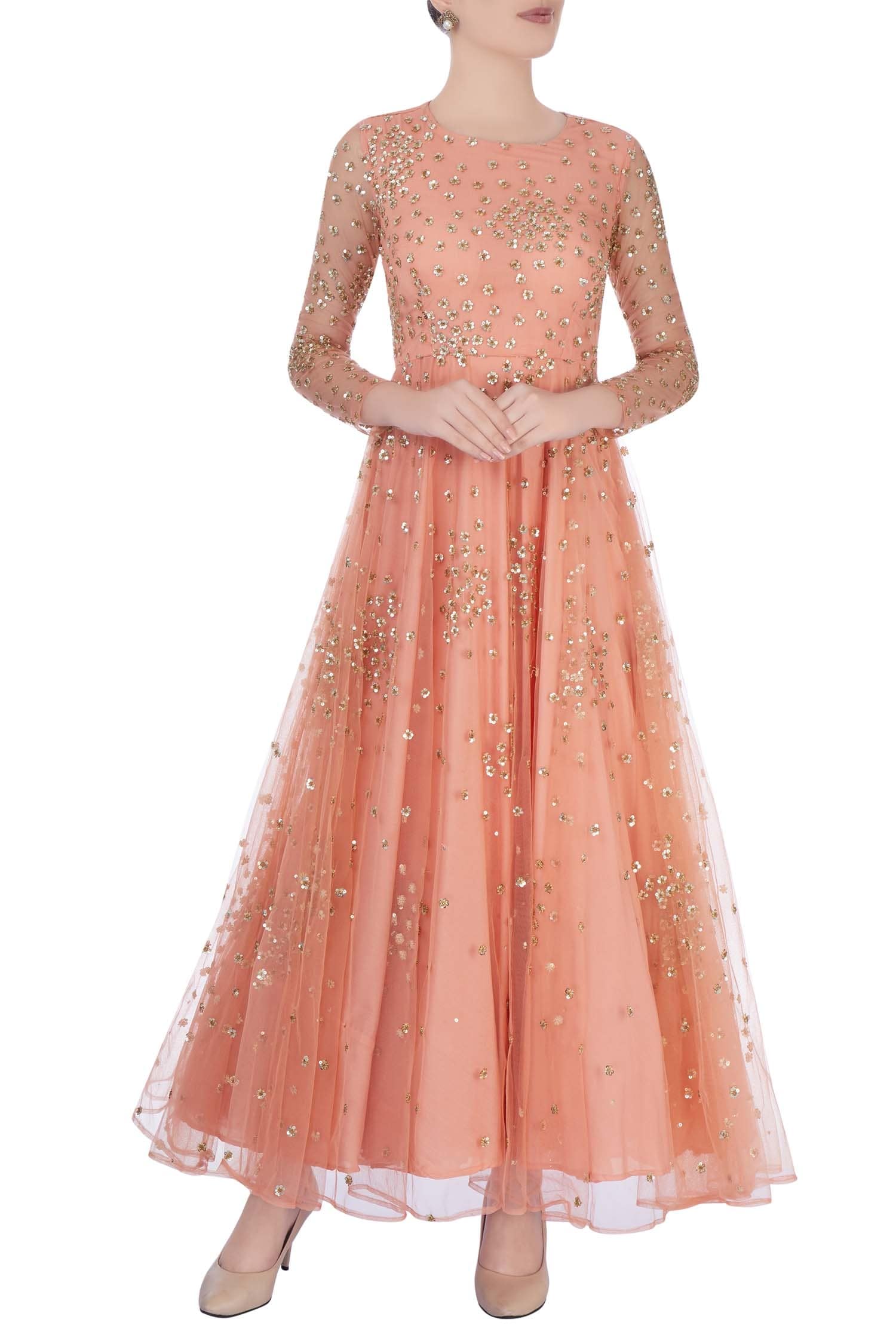 Astha Narang Peach Embellished Sequin Round Neck Tunic For Women