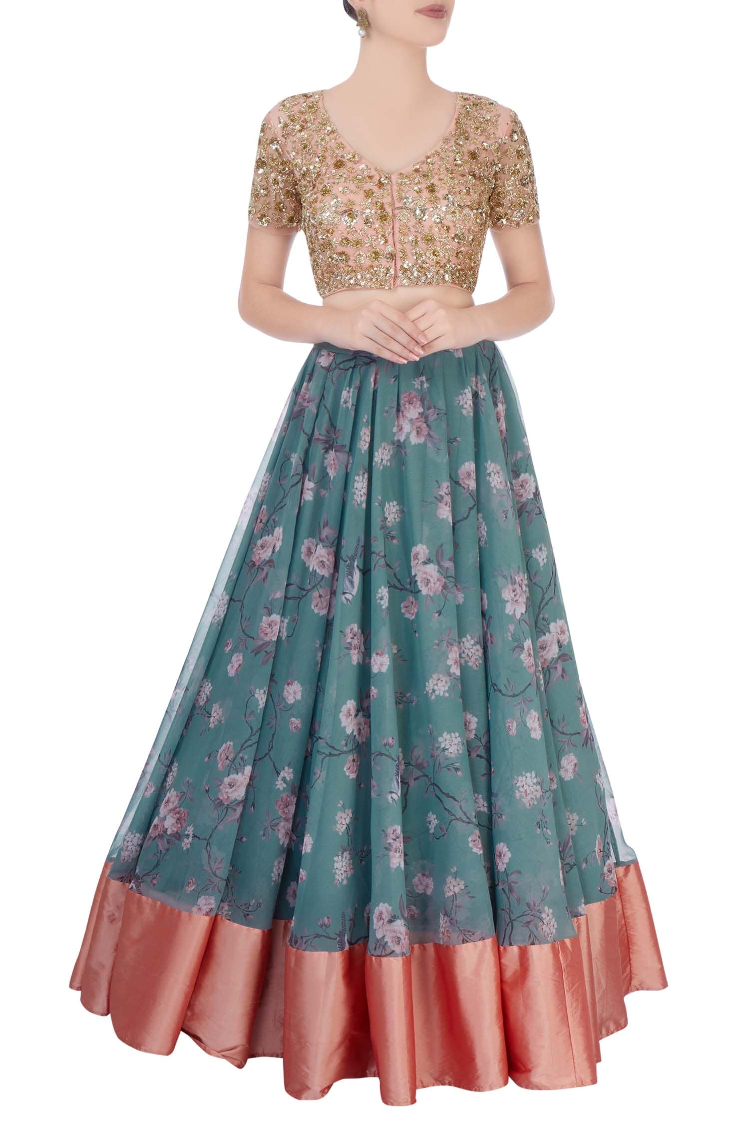 Astha Narang Blue Embroidered Floral Scoop Neck Lehenga Set For Women