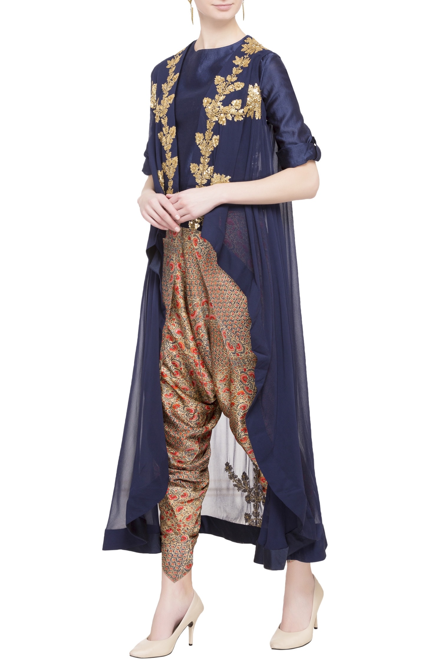 Debyani + Co Blue Navy Georgette And Silk Embellished Asymmetric Jacket & Dhoti For Women