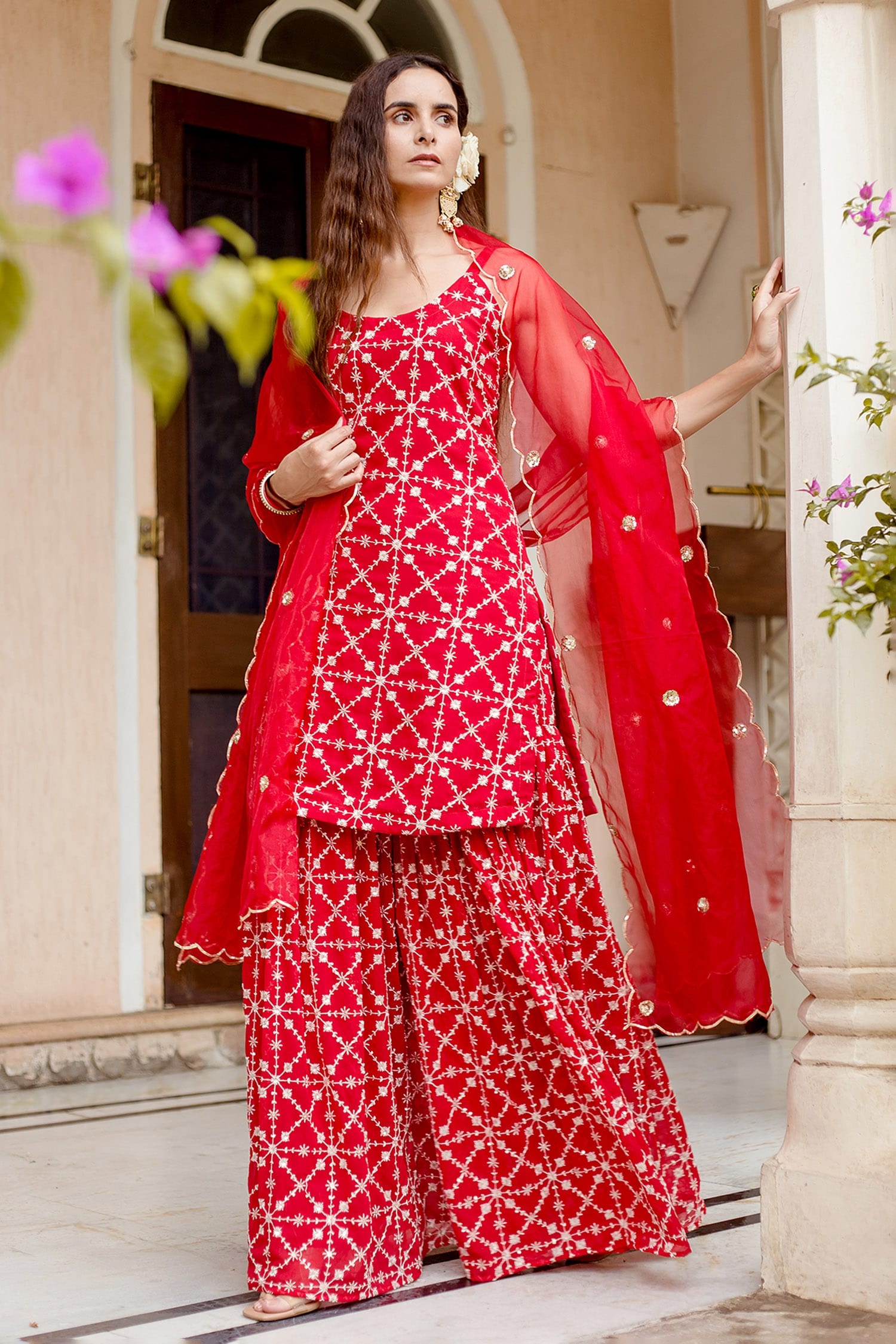 Buy Red Kurta And Sharara Georgette Embroidered Floral Round