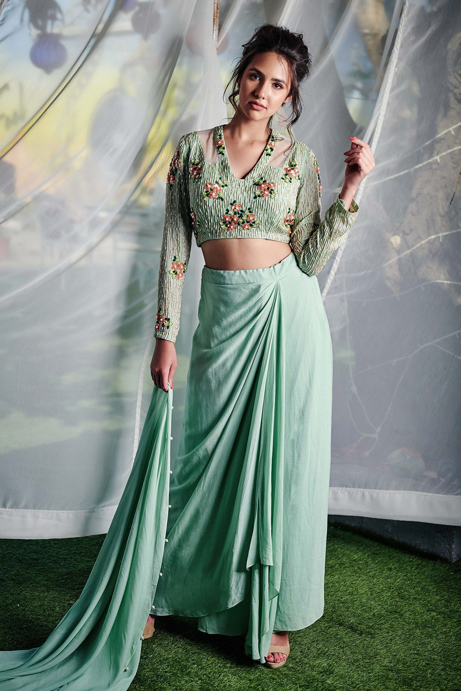 Buy Green Georgette Crepe; Lining: Shantoon Blouse And Skirt Set For ...