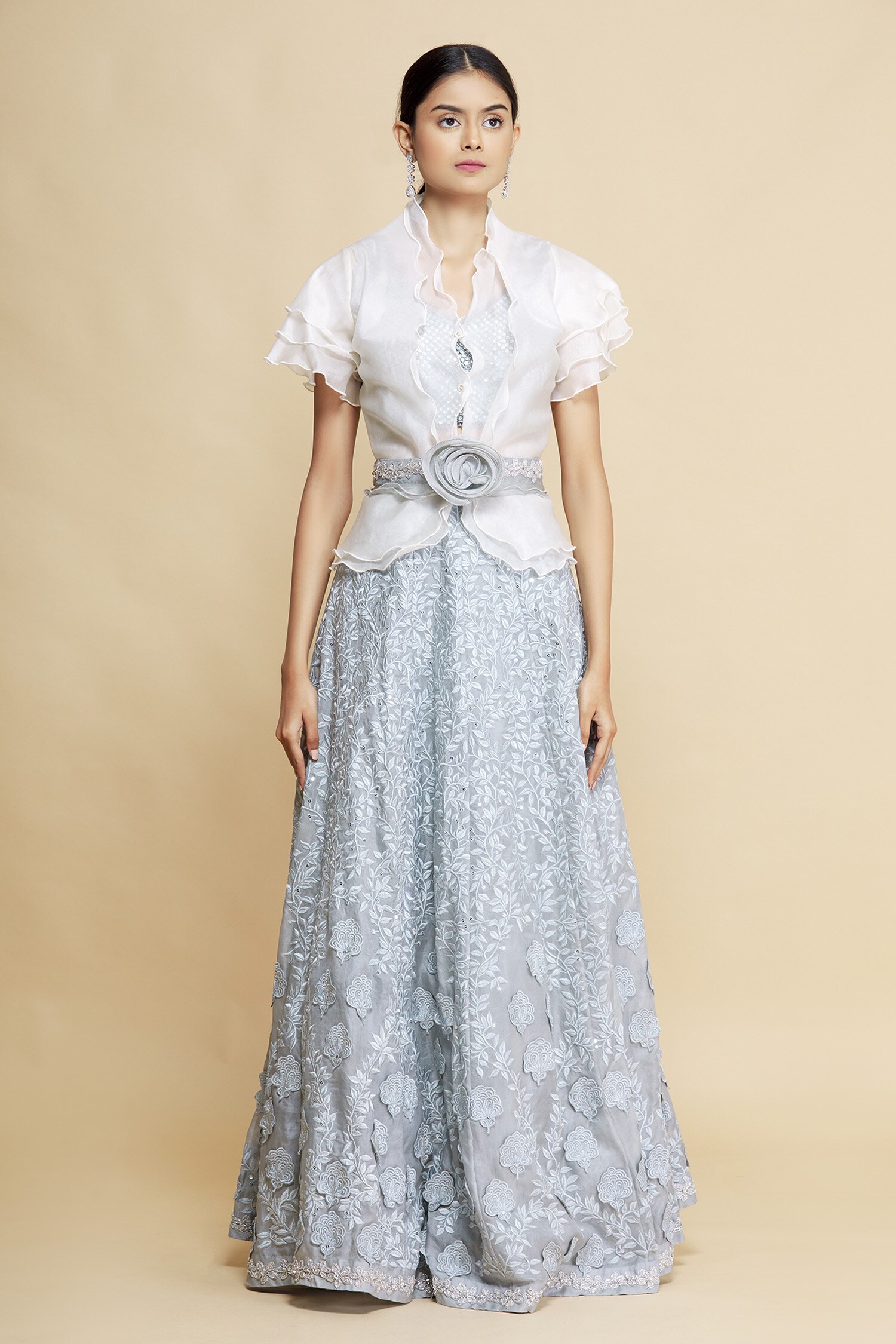 Buy Bhairavi Jaikishan Blue Organza Embroidered Jacket Lehenga Set