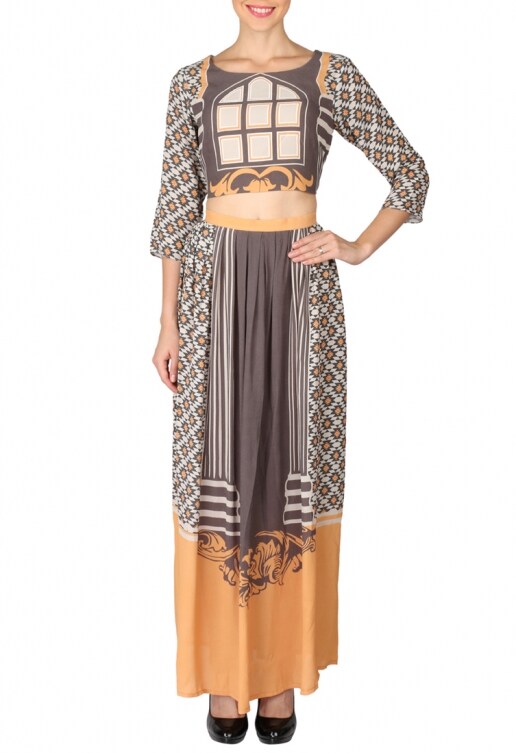 Soup by Sougat Paul Beige Moss Crepe Printed Scoop Neck Crop Top And Skirt Set For Women