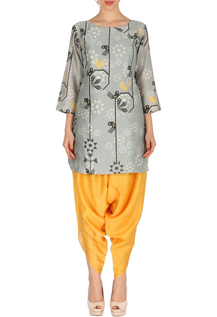 Soup by Sougat Paul Grey And Canary Yellow Bird Printed Tunic With Patiala
