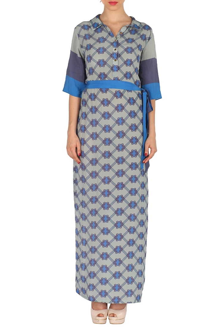 Soup by Sougat Paul Blue Spread Collar Printed Maxi Dress For Women
