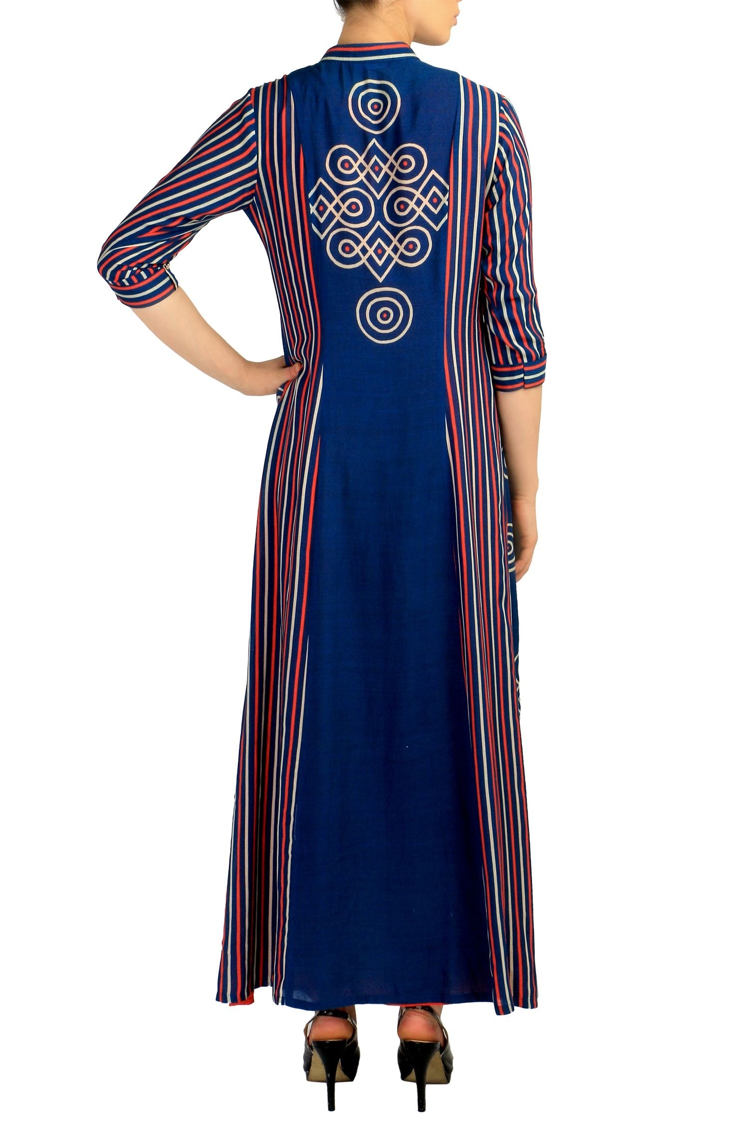 Soup by Sougat Paul Blue Cotton Silk Mandarin Collar Striped Printed Dress For Women