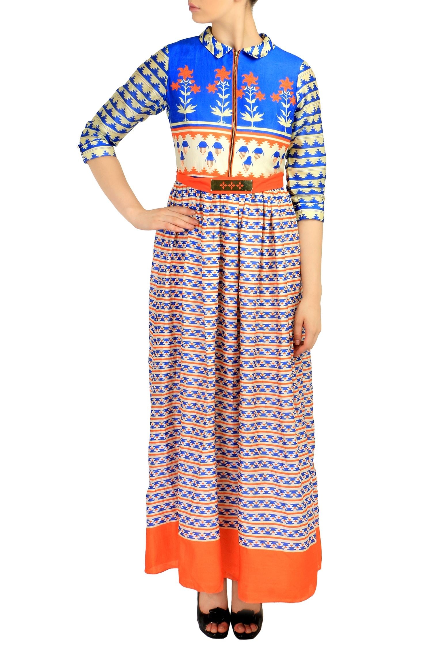 Soup by Sougat Paul Blue Chanderi Silk Printed Maxi Dress